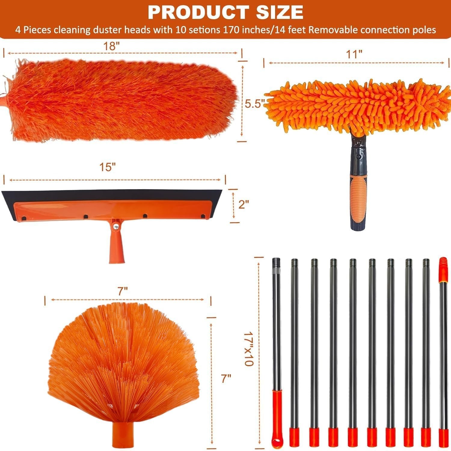 20ft High Reach Duster Kit with 3–14ft Extension Pole, Window & Ceiling Cleaner