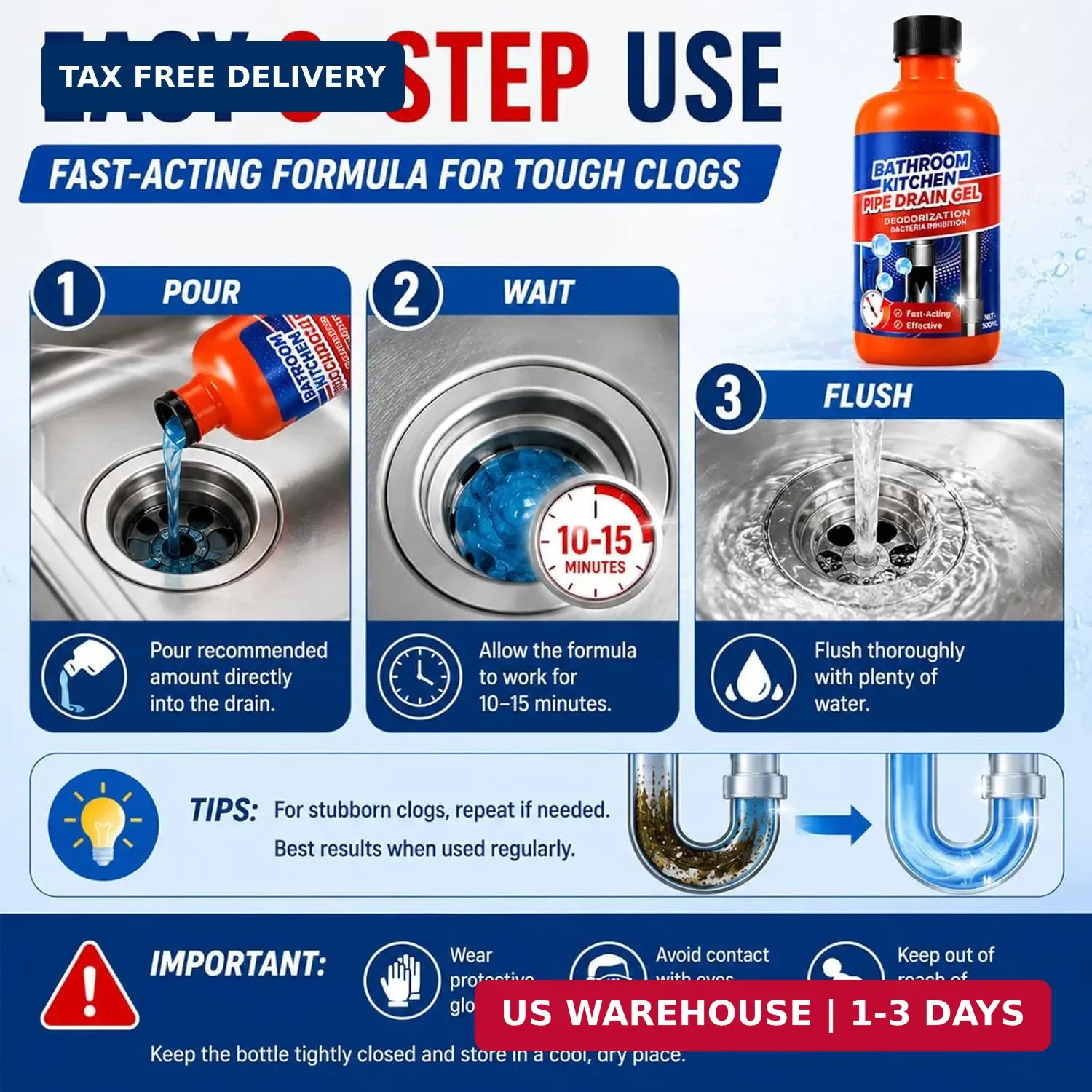 Drain Clog Remover 2 Pack, Drain Clog Dissolver, Opener-Cleaner, Toilet Clog Rem