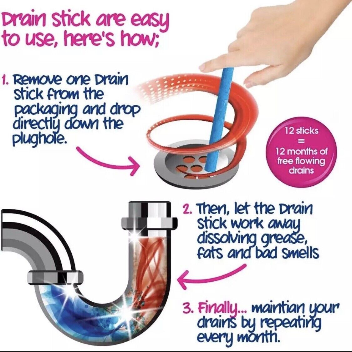 12X Deodorizer Sticks Sani Keeps Drains & Pipes Clean & Odor Free Biodegradable