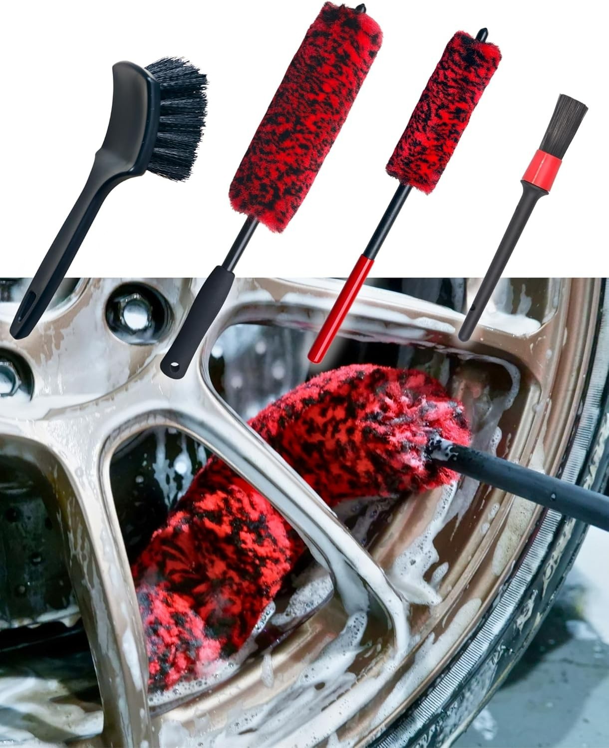 Professional 4 Pack Long Handle Wheel Brush Kit Cleaning Wheel Tire Detailing