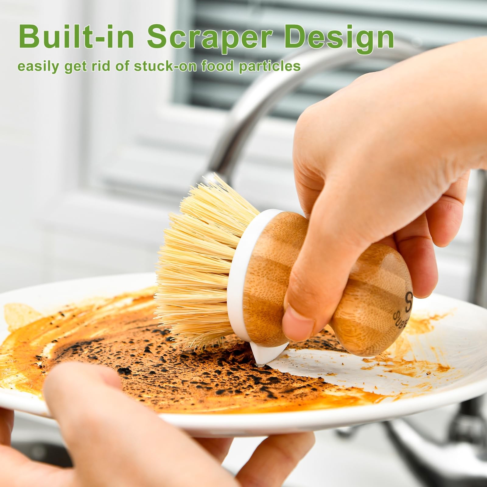 Bamboo Dish Brush Kitchen Dish Scrubber Brush With Soap Dispenser Natural Wooden