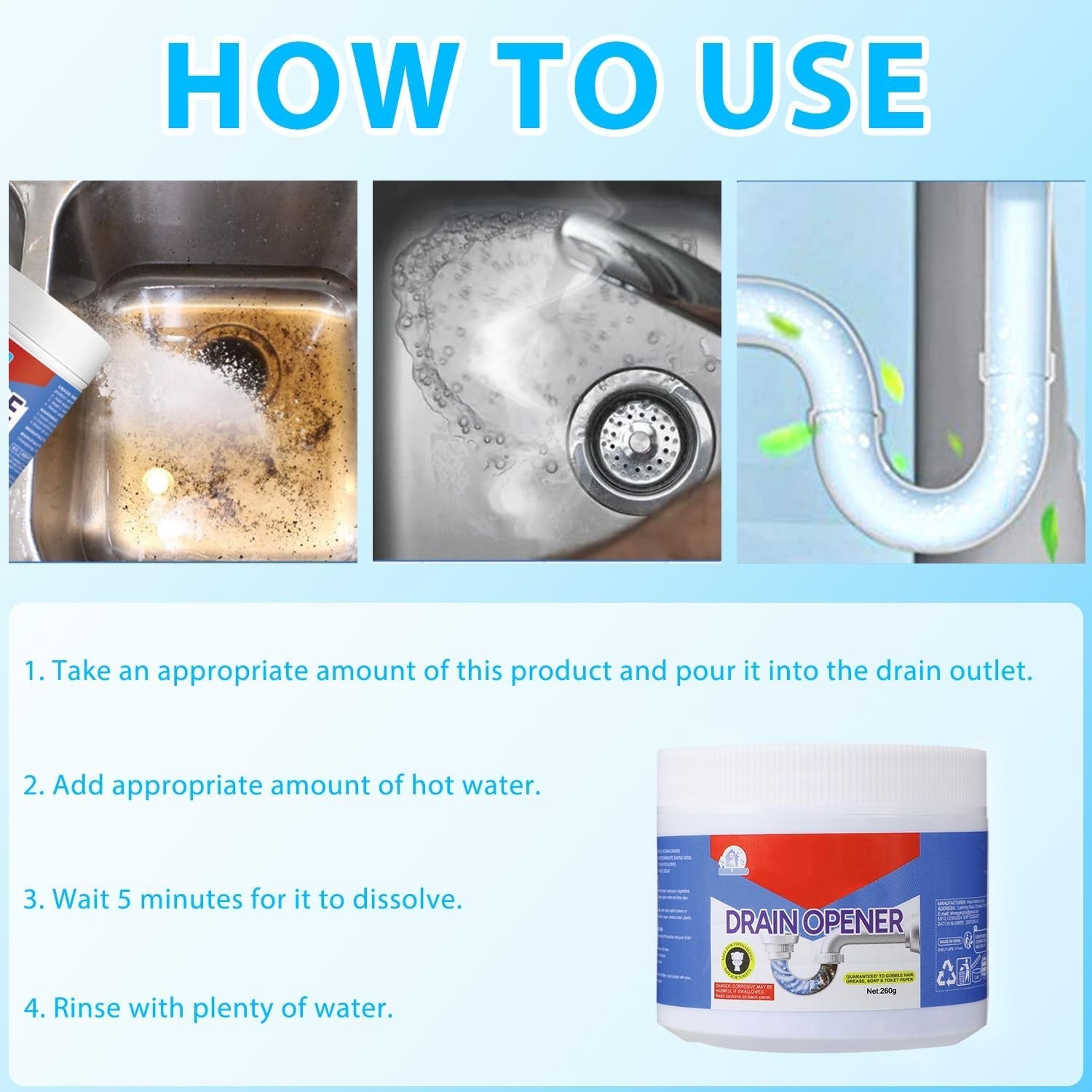BELL BIRDCrystal Lye Drain Opener, Drain Opener 260g/1Pcs US Free Ship