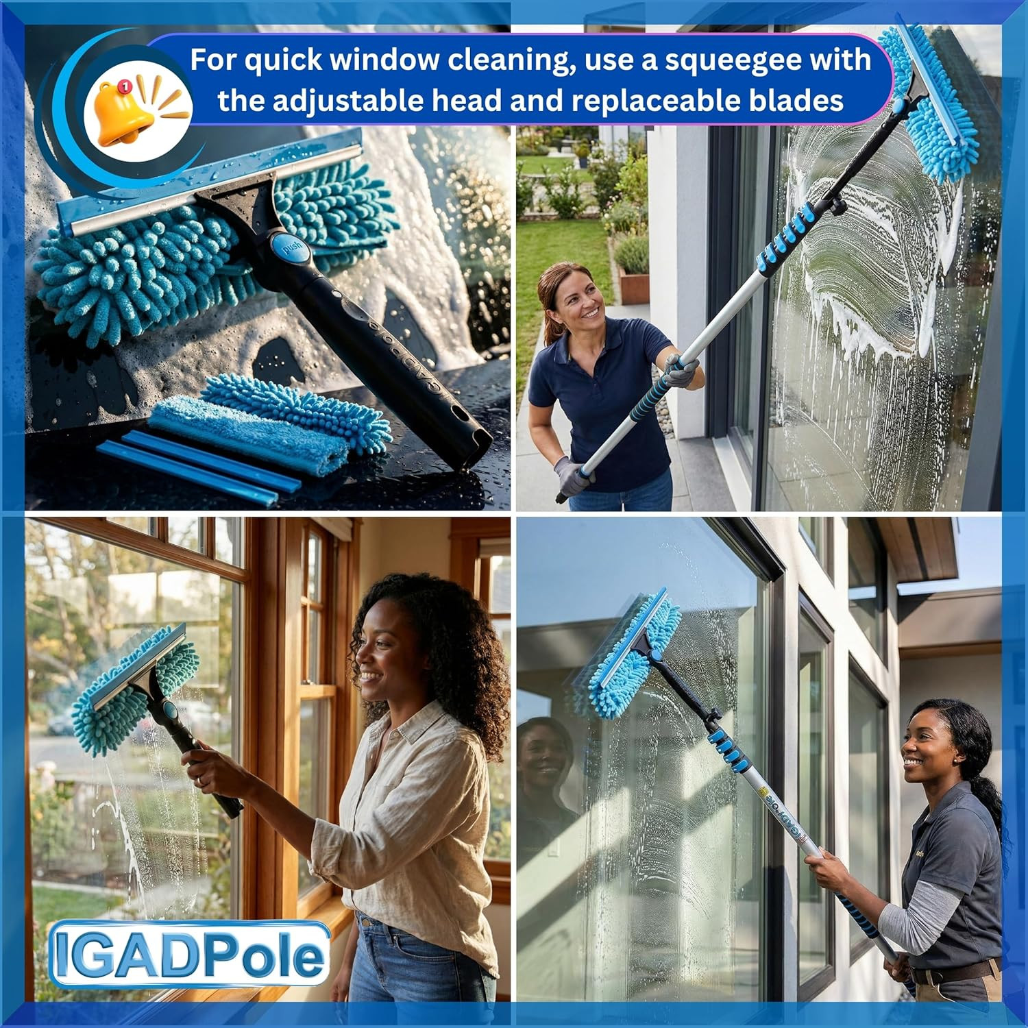 pole 28 FT Water-Fed Washing Kit with Soap-Dispenser, Brush, 10″ Squeegee & Cobw