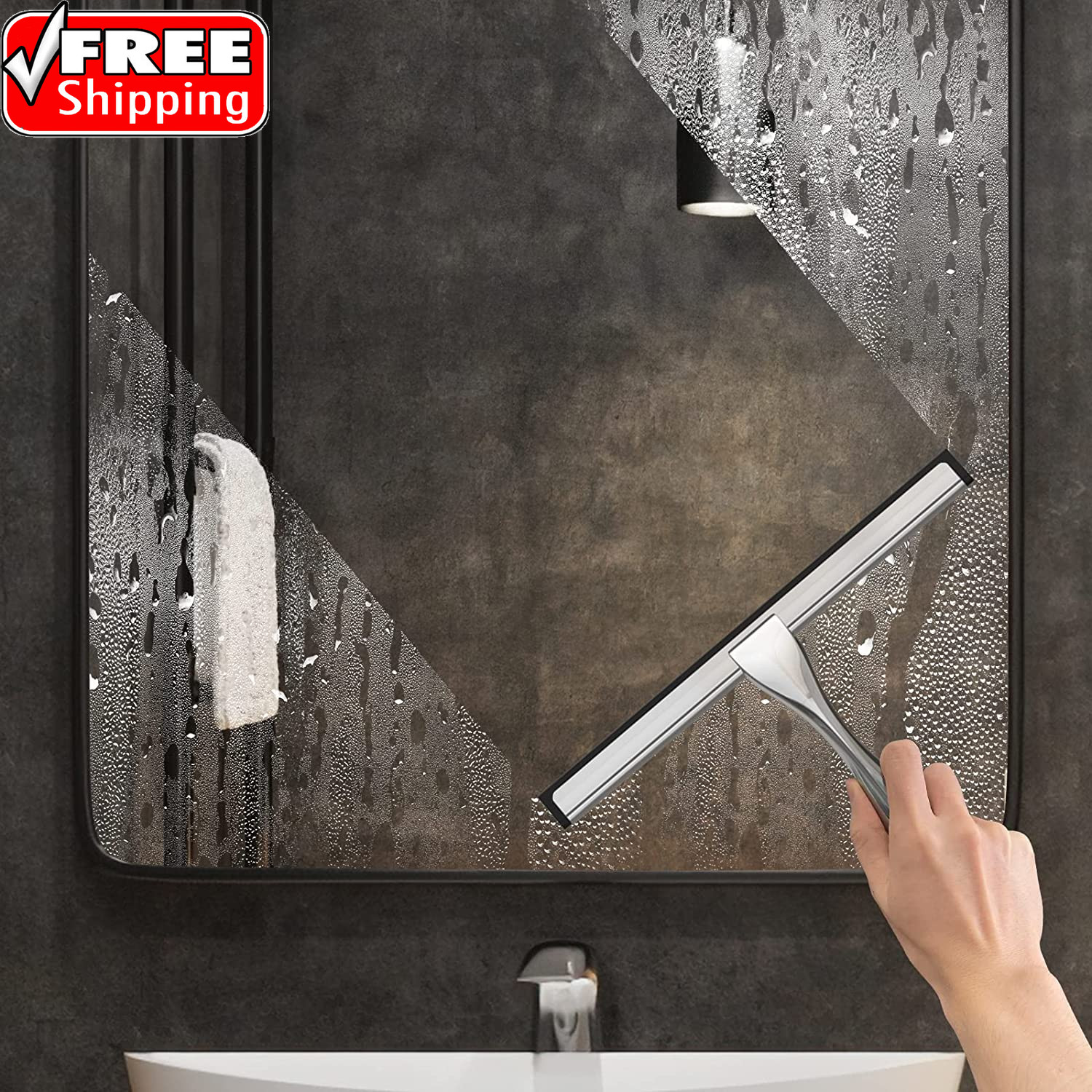 All-Purpose Stainless Steel Shower Squeegee for Shower Glass Door with 2 Adhesiv