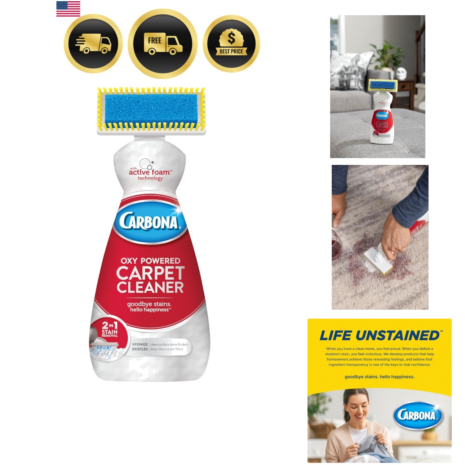 Carpet Cleaner with Brush | Oxy-Powered Foam for Spot Stain Removal | 13.5 Fl Oz