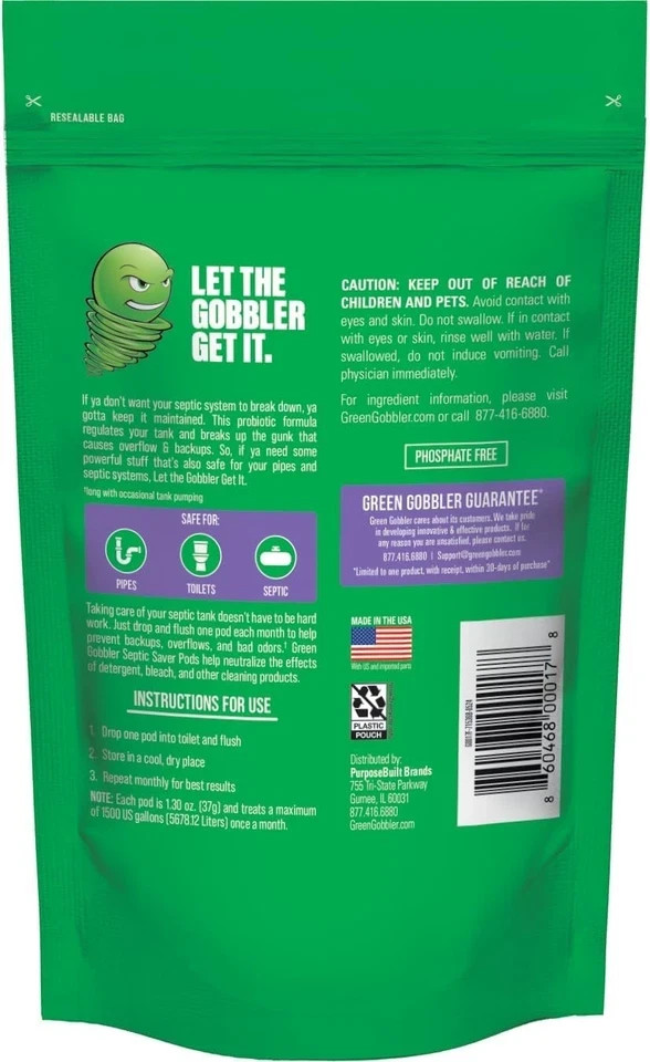 Green Gobbler Septic Tank Treatment Packets, 12 Month Supply – Natural Bacteria