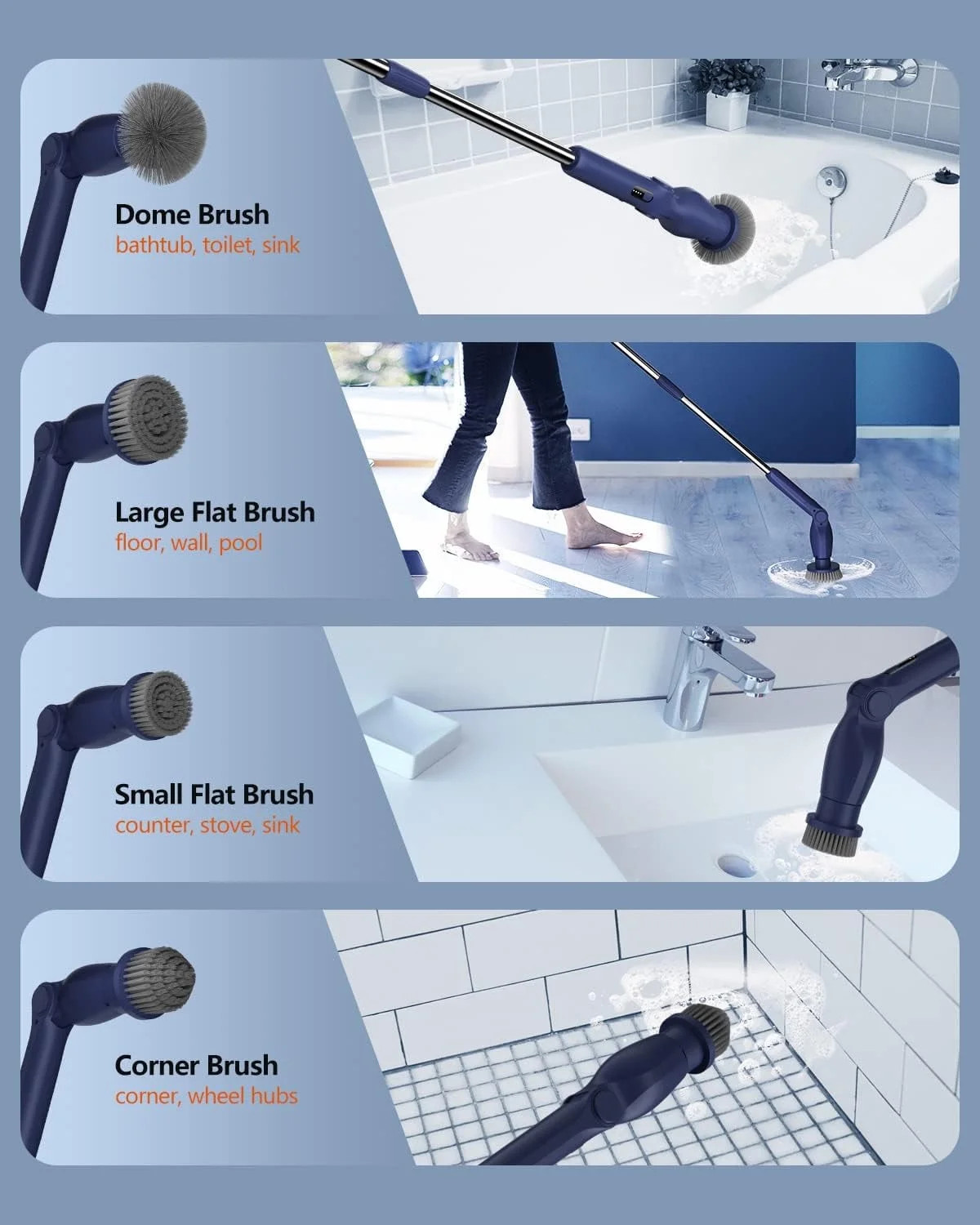 Cordless Electric Spin Scrubber Bath Tub Power Scrubber Long Handle Brush Heads