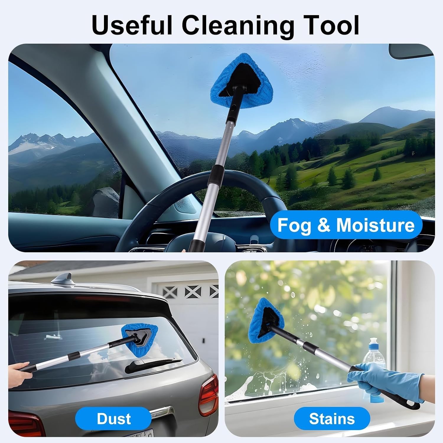 Dark Blue Extendable Car Windshield Cleaner Kit with Microfiber Pads & Spray