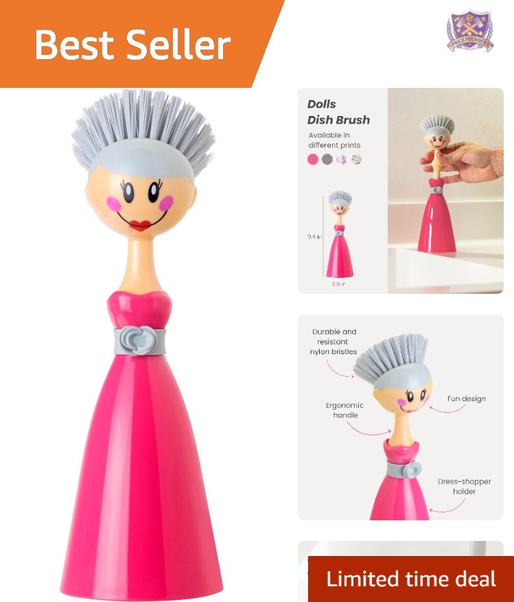 Dish Brush with Handle and Dress Holder Kitchen Sink Cleaning Pink Gray