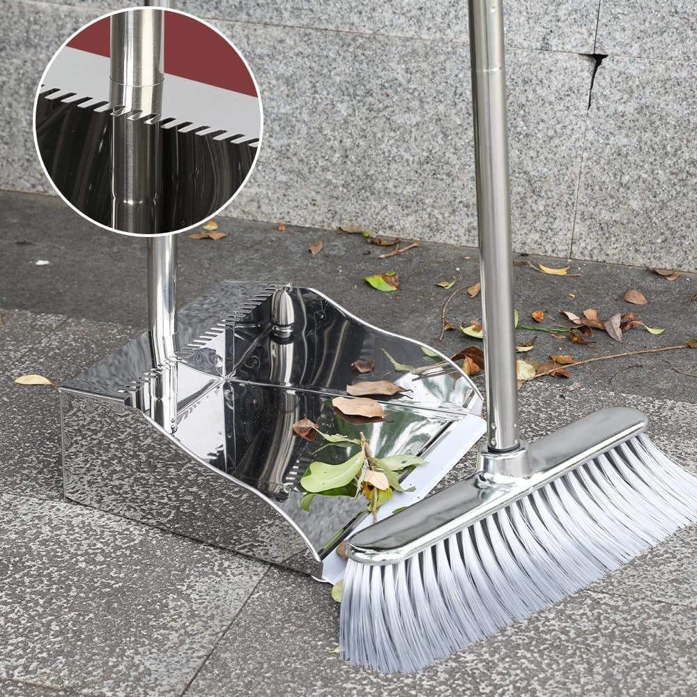 Metal Dustpan Long Handle Stainl Steel Dustpan, Heavy Duty Standing