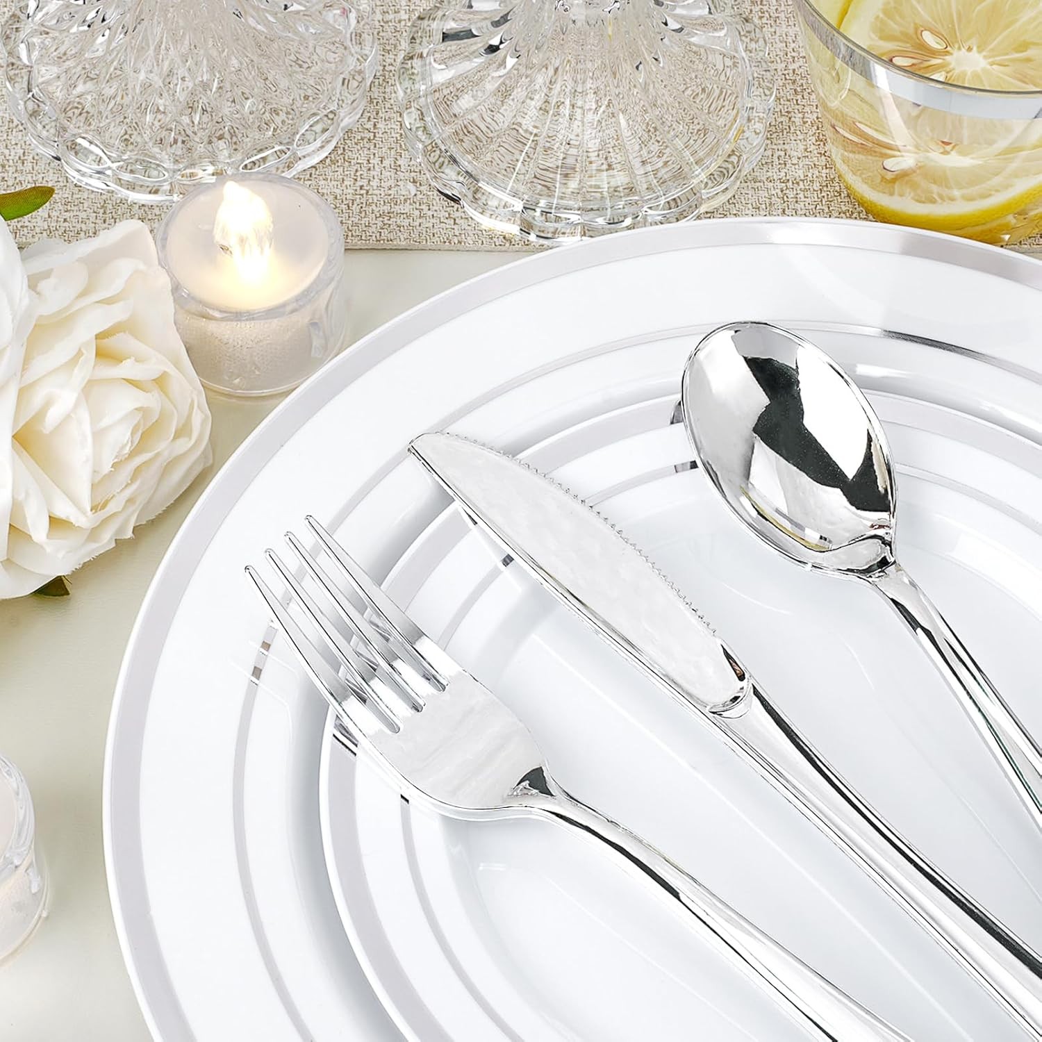 175 PCS White and Silver Plastic Dinnerware Set for 25 Guests, 50 Disposable P