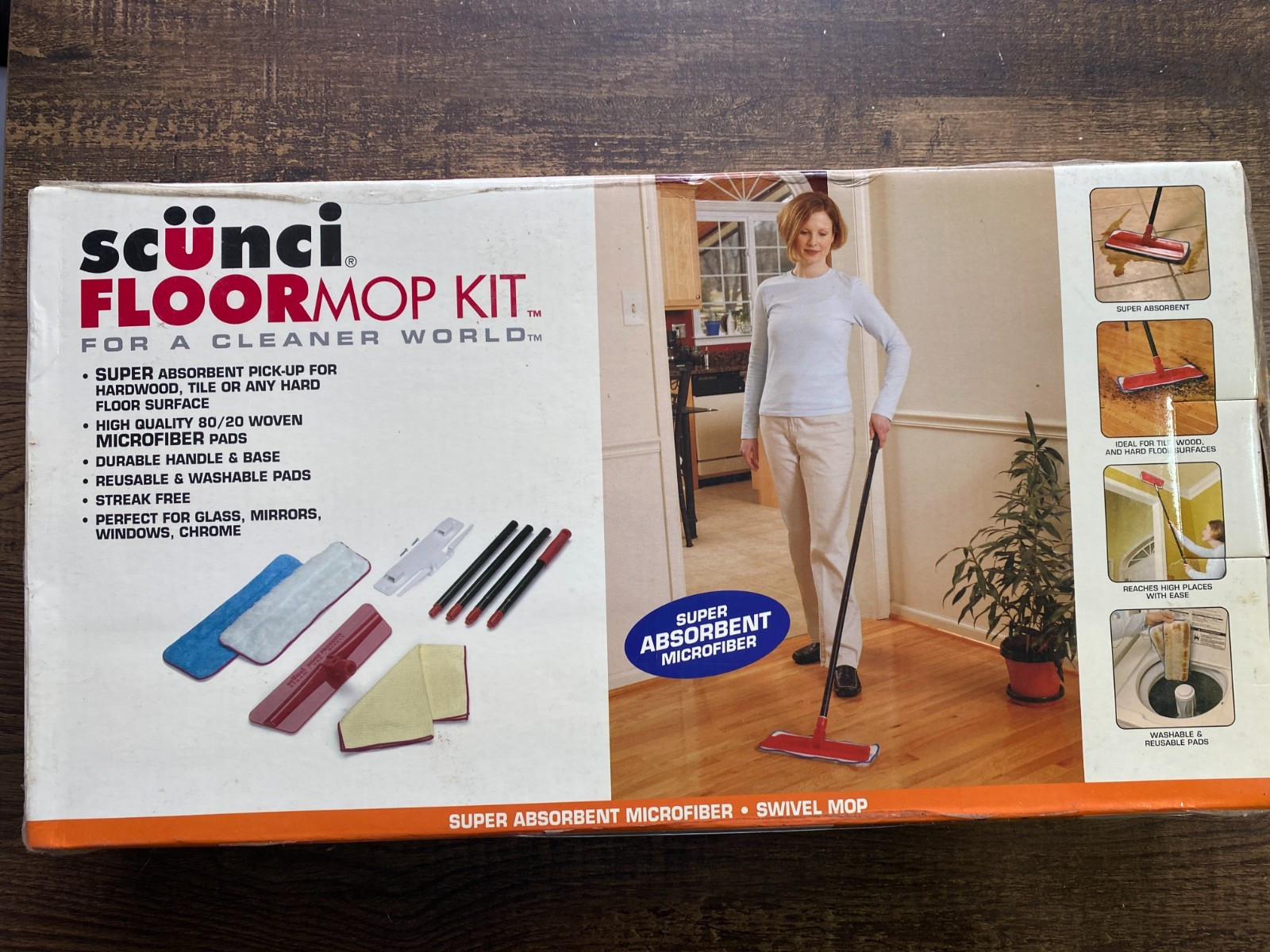 Scunci Floor Mop Kit – Micro Fiber Washable Pads Swivel Mop – NOS