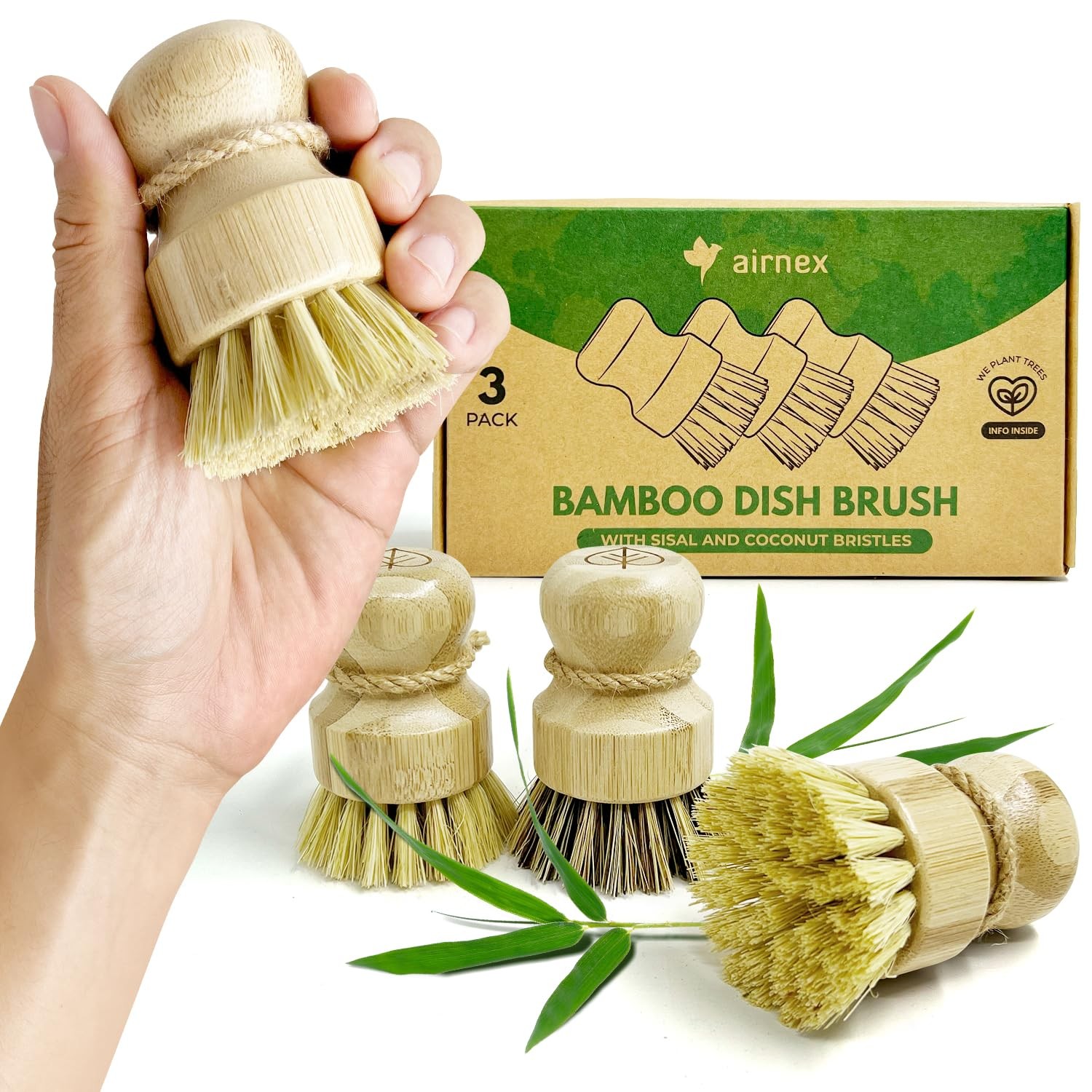 3 Pack Bamboo Dish Scrub Brush Set Natural Wooden Sisal Coconut Bristle Pots