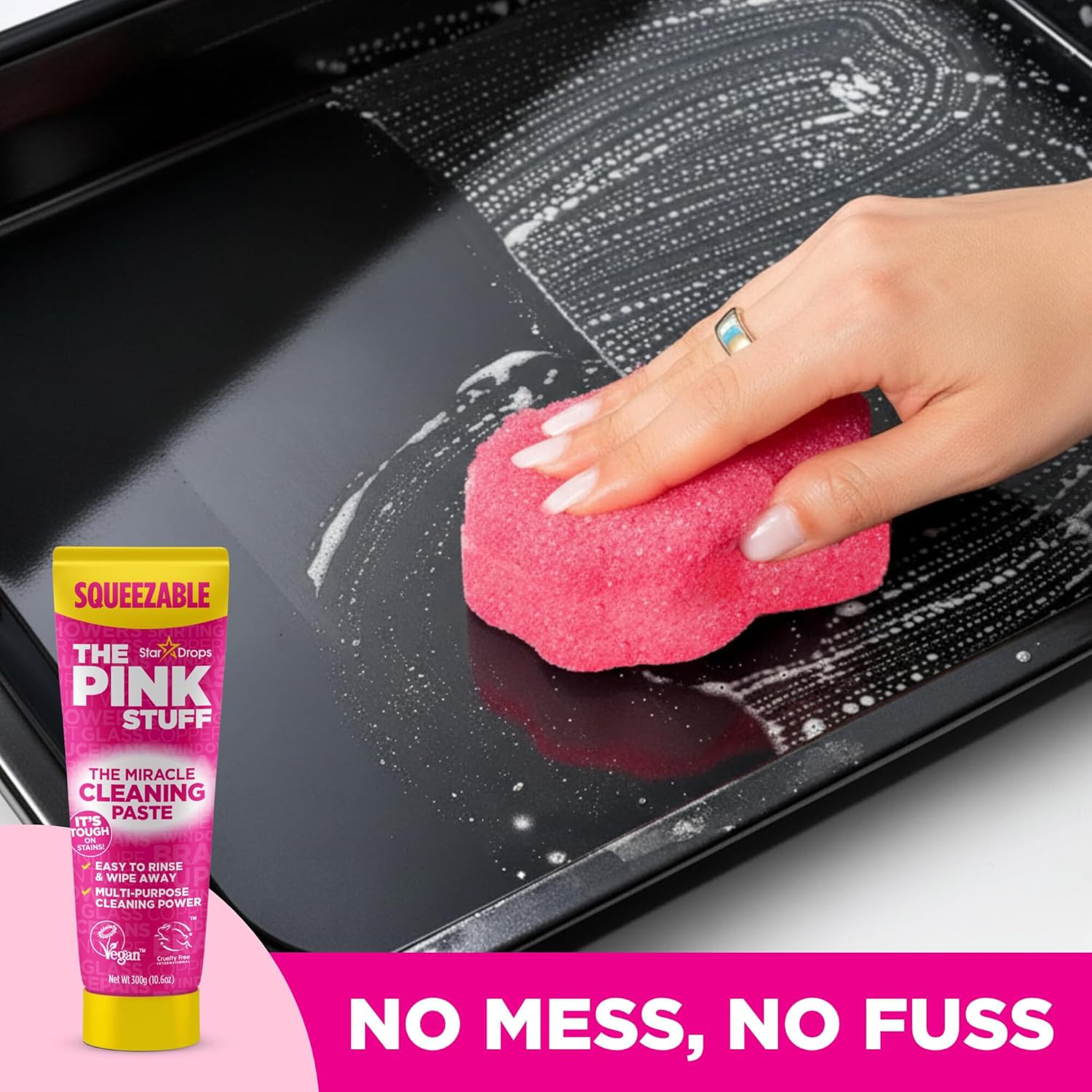 The Pink Stuff Squeezable Cleaning Paste 300G with Sqeezy Scrubber Sponge | Powe