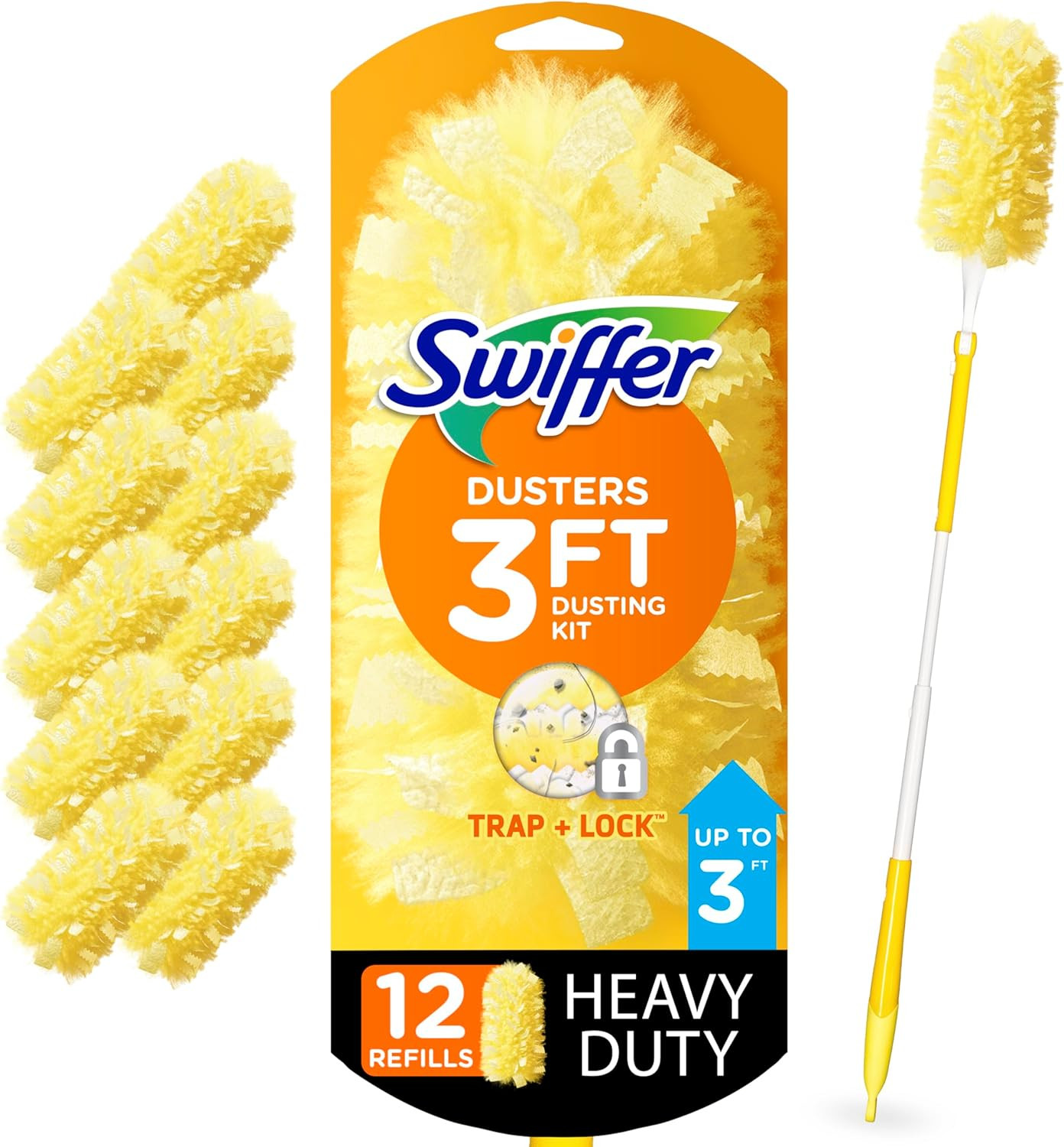 Heavy Duty Dusting Kit, Cleaning Supplies, 3 Ft Extended Handle, 1 Duster, 12 Re
