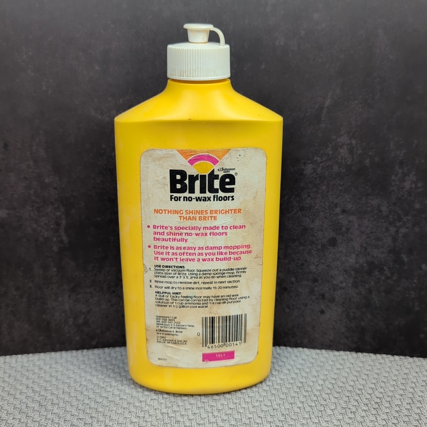 Vintage 1982 Brite No-Wax Floor Cleaner 16oz Bottle 79% Full Prop S.C. Johnson