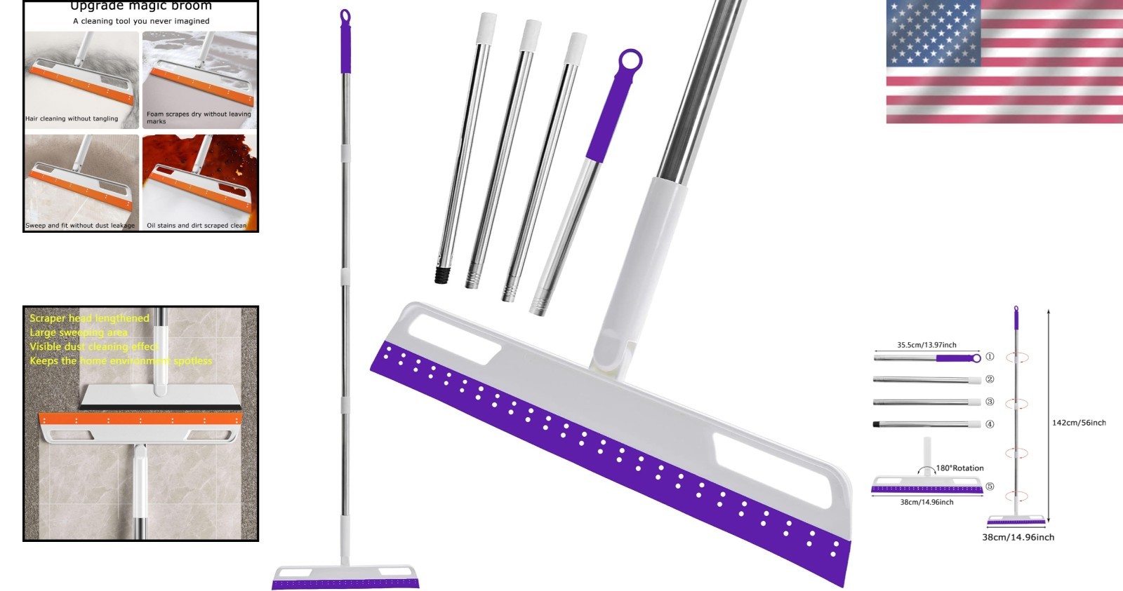 Magic Broom 4-in-1 Silicone Floor Squeegee with 56″ Handle – Effortless Cleaning