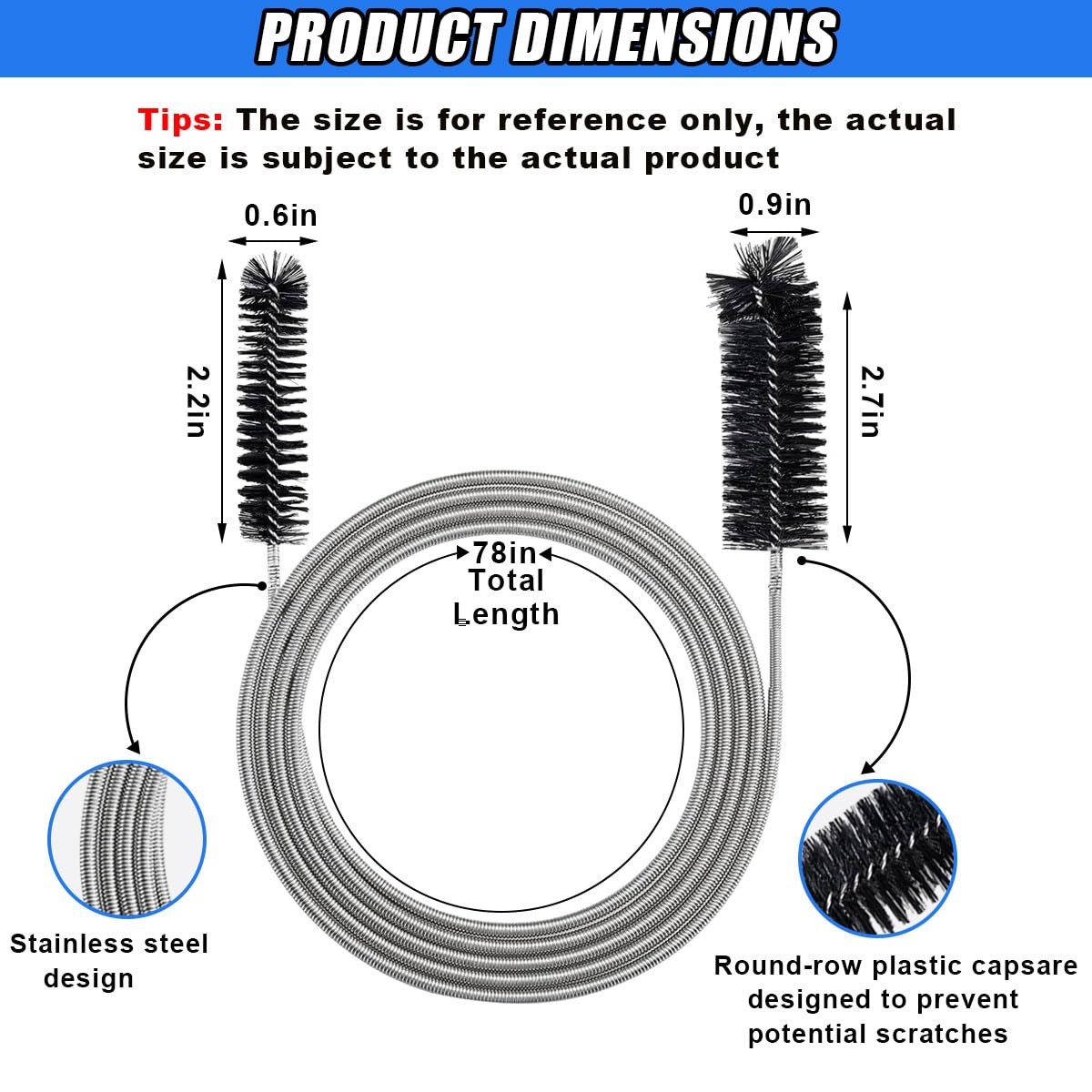 78 Inch Flexible Long Drain Brush, Nylon Stainless Steel Flexible Feeding Tub…