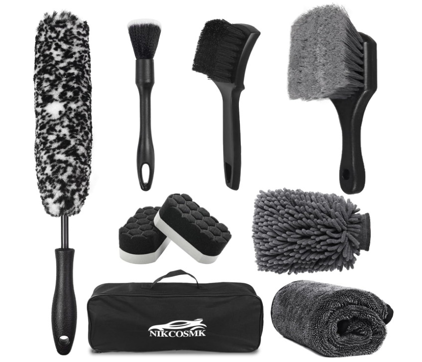 Kit 9 piezas limpieza auto: cepillos llanta, toalla y accesorios detailing