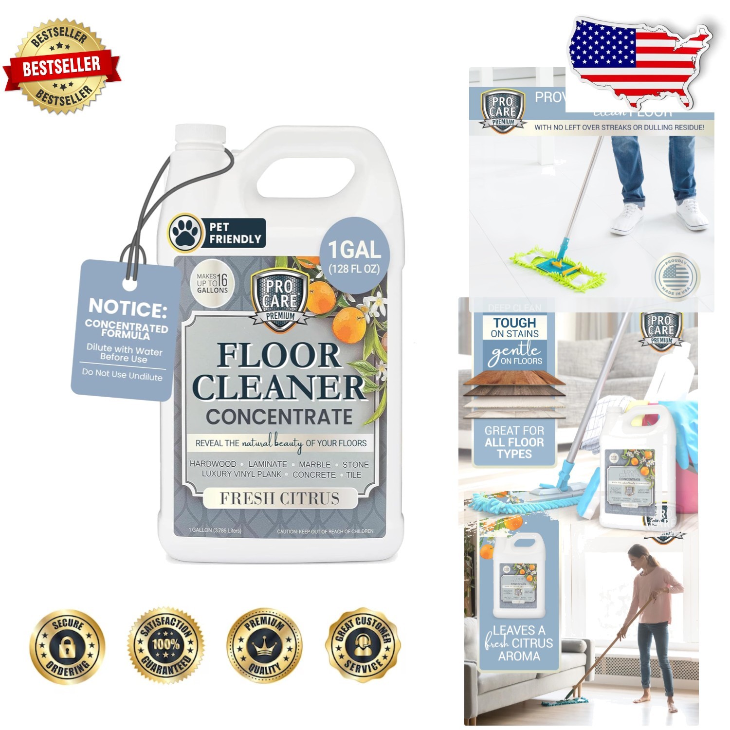 Powerful Citrus Floor Cleaner Concentrate – 128 Fl Oz, Natural Scent, No Residue