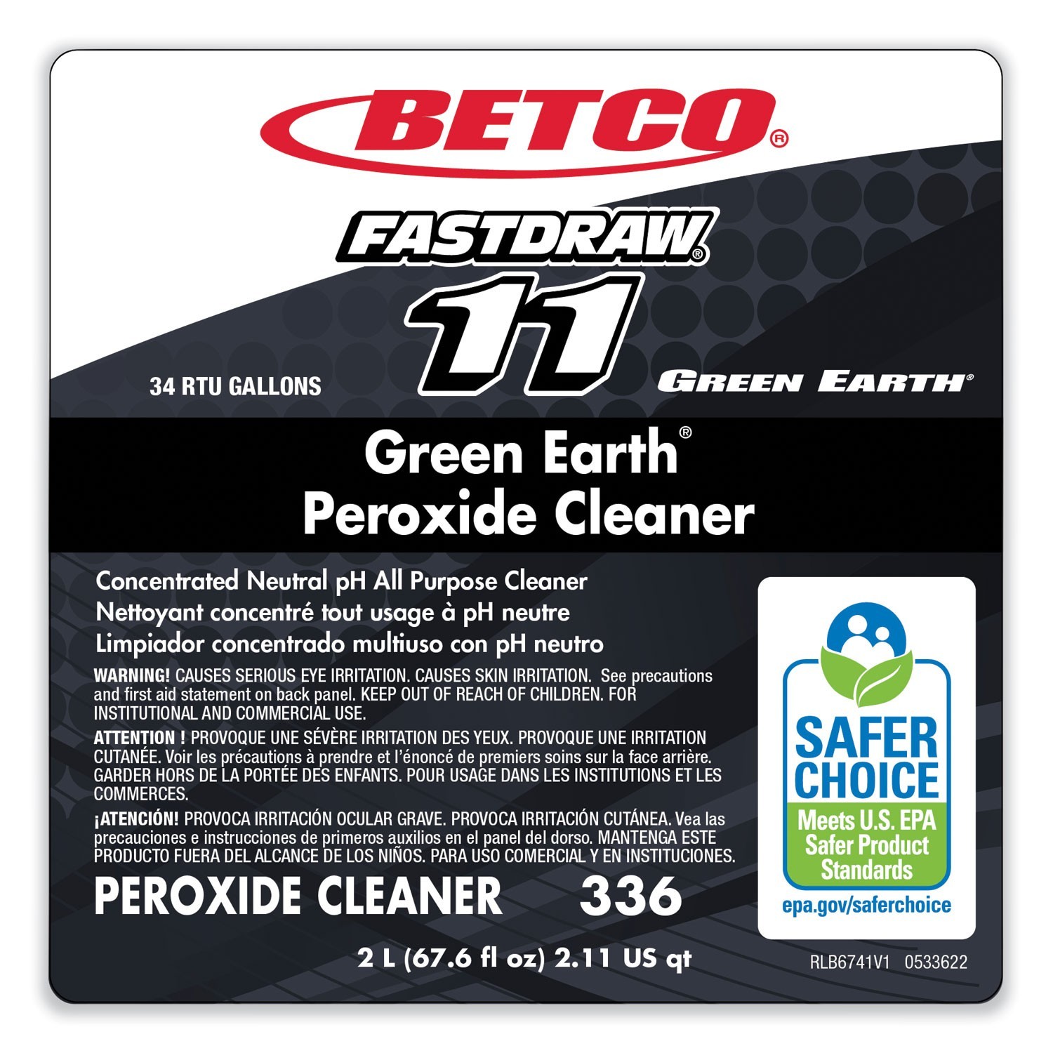 1 Bottle BETCO 336 FASTDRAW 11 Green Earth Peroxide Cleaner 2L