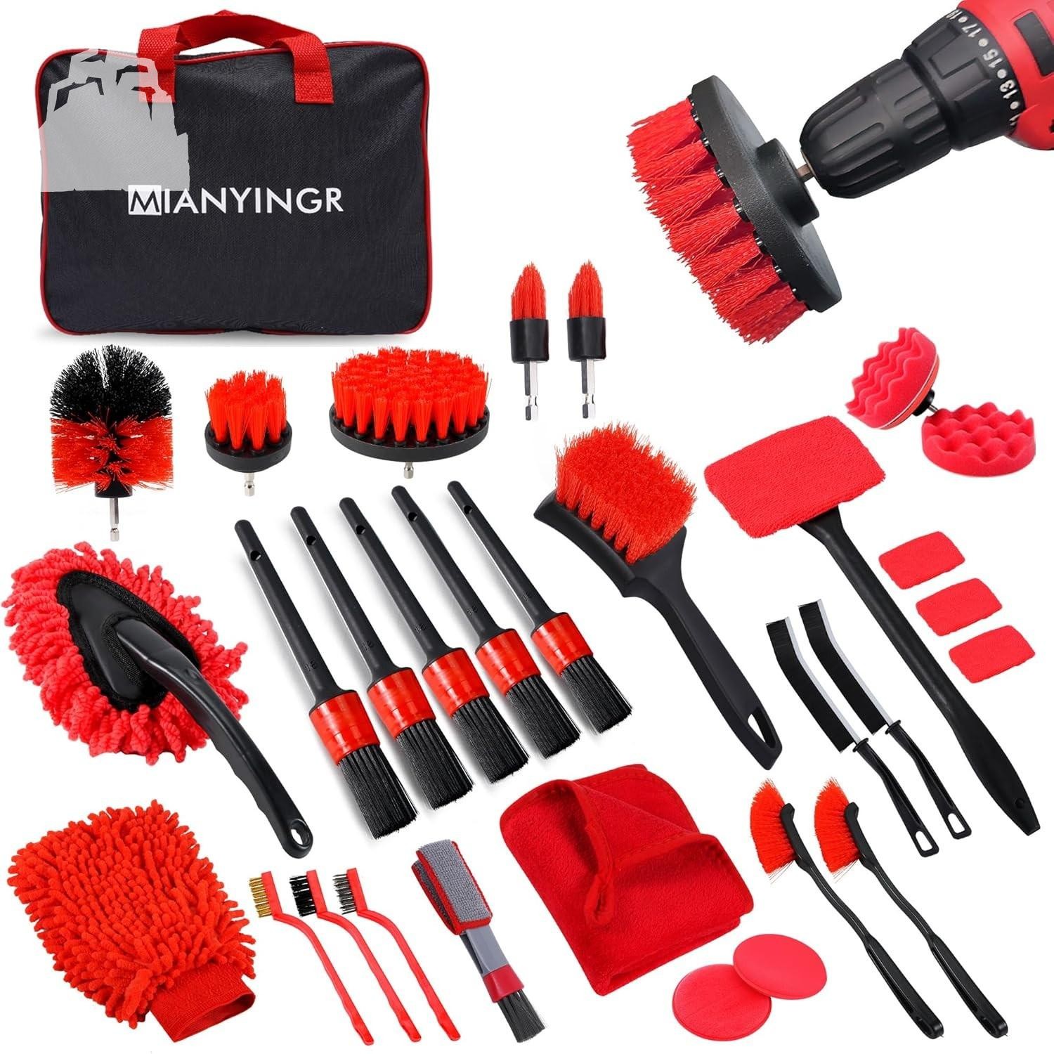 32Pcs Car Detailing Kit Brush Set Drill Attachments Interior Exterior Wheels