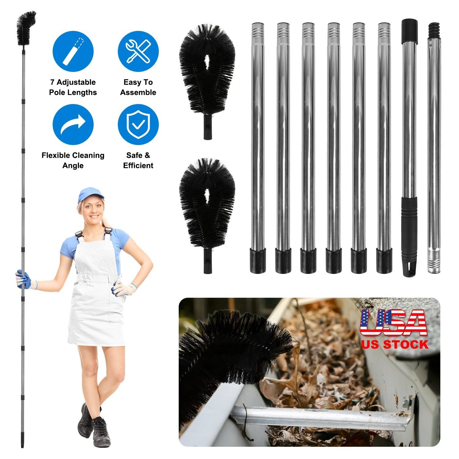 10.5FT Gutter Cleaning Brush With Telescoping Handle