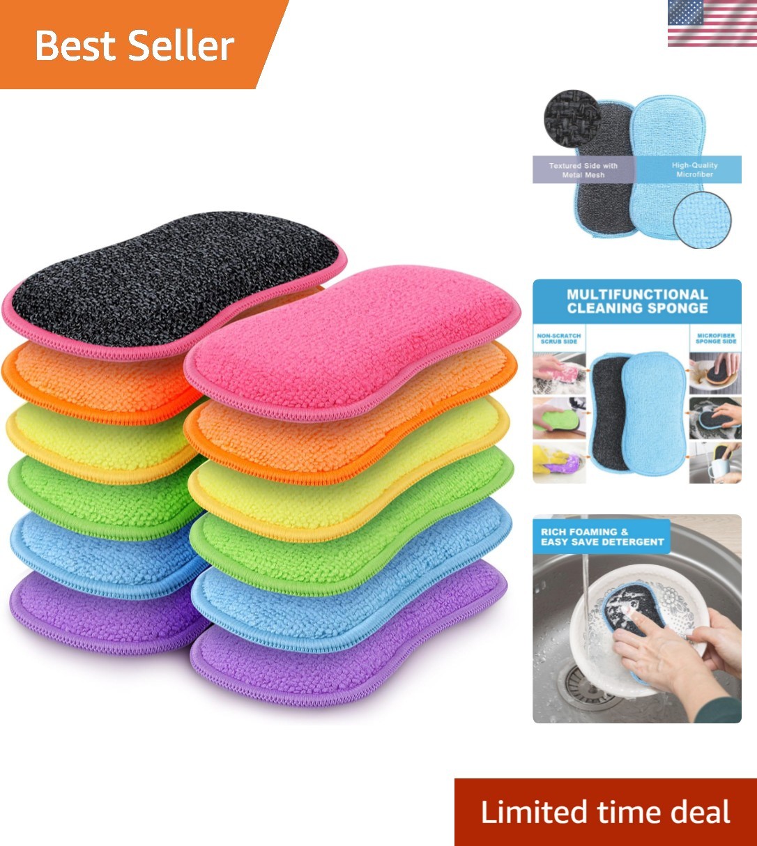 Durable 12 Pack Microfiber Sponges – Non-Scratch Design for All Kitchen Surfaces