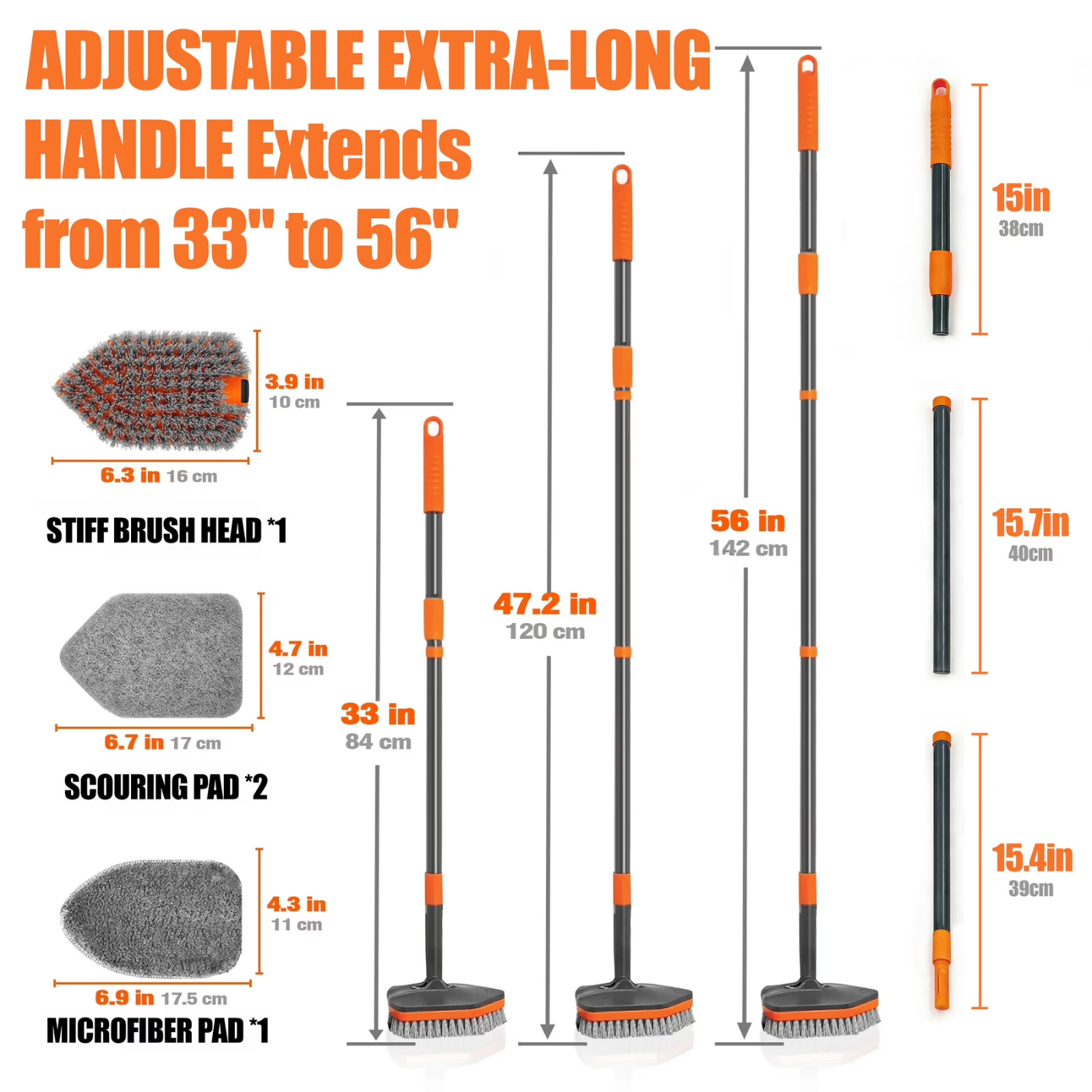 Extendable Tub Tile Scrubber Brush 3 in 1 Long Handle Bathroom Shower Cleaner
