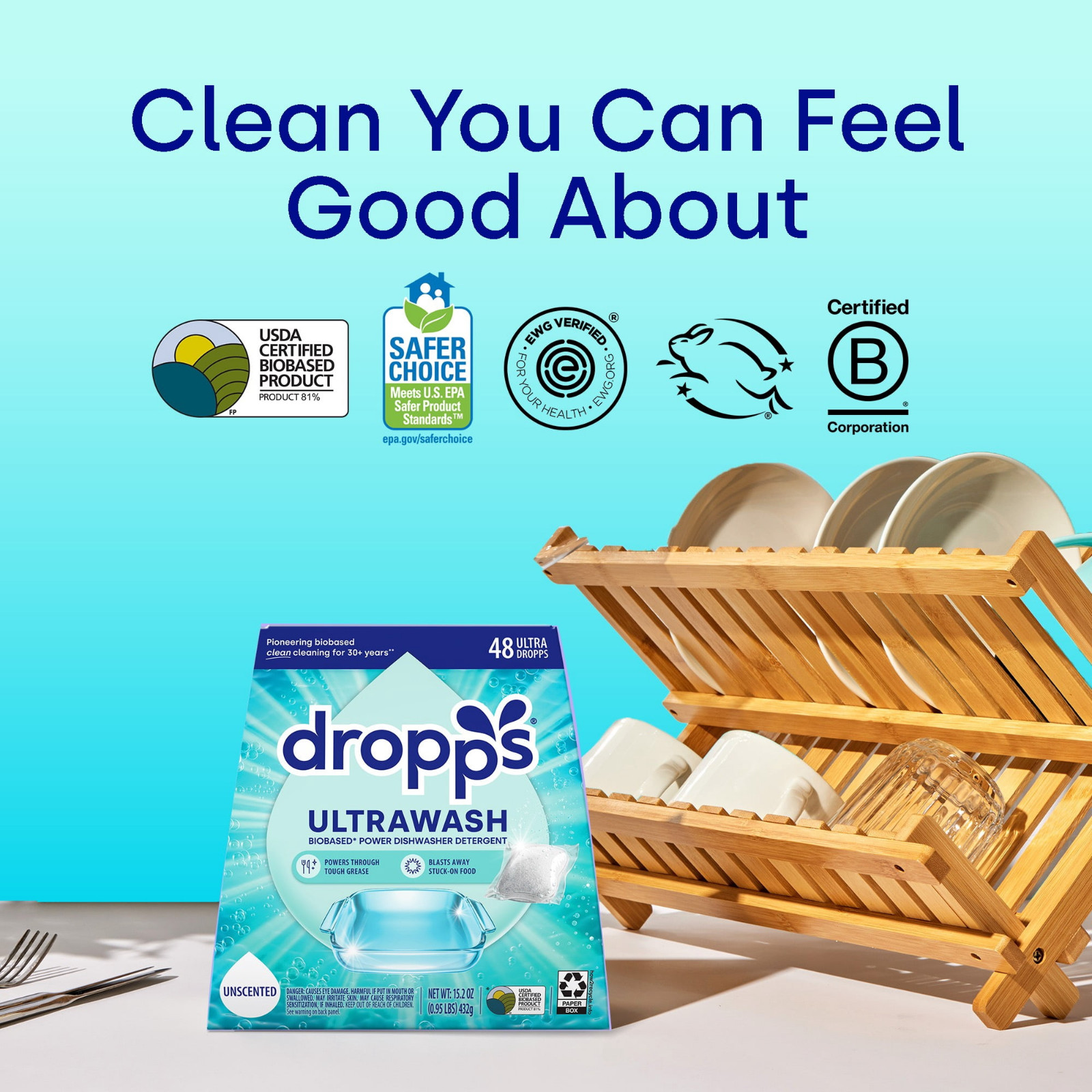 Dropps Dishwasher UltraWash Detergent Pods, Biobased, Unscented 48ct/64ct/120ct