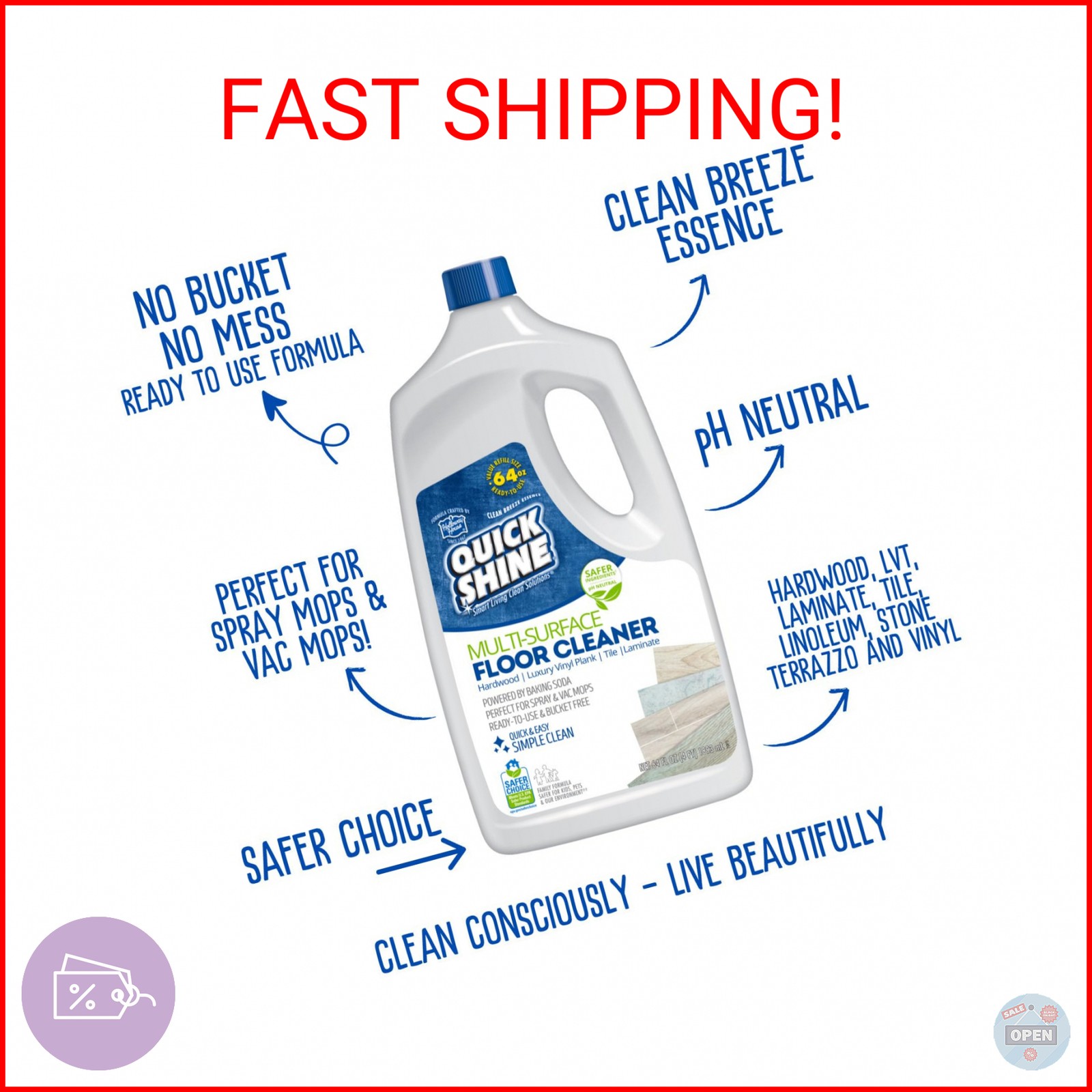 Quick Shine Multi Surface Floor Cleaner 64oz, Ready to Use-Streak Free-No Rinse,