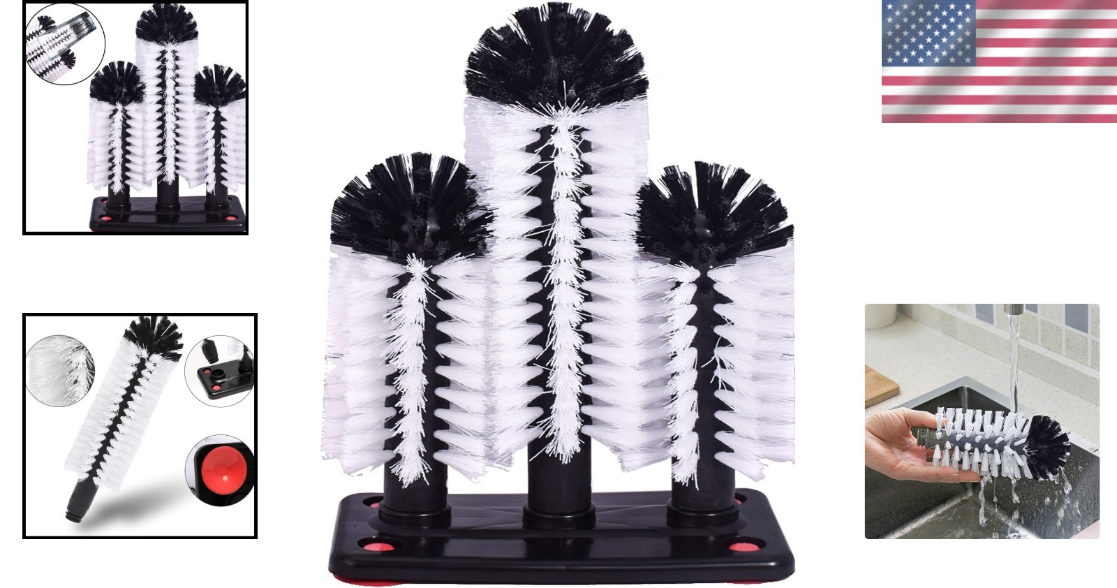 3 Detachable Head Water Bottle & Glass Cleaning Brush with Suction Base, 10.43in
