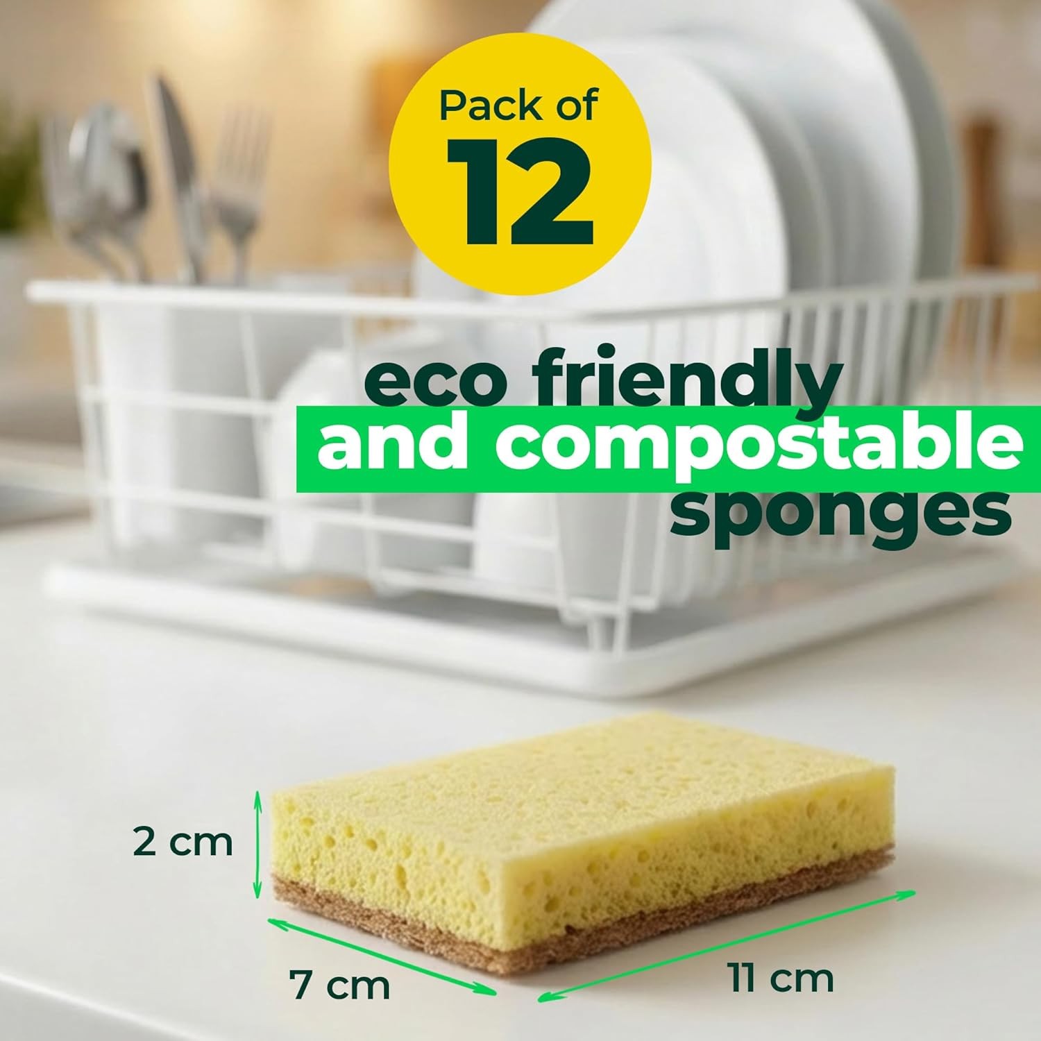 12 Pack Natural Biodegradable Kitchen Sponges – Eco-Friendly, Compostable,