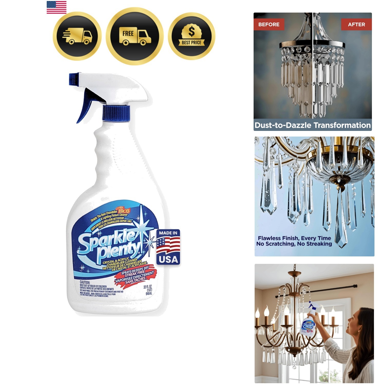 Sparkle Plenty Chandelier Cleaner Drip Dry Spray No Wipe for Dust, 32 oz | In…