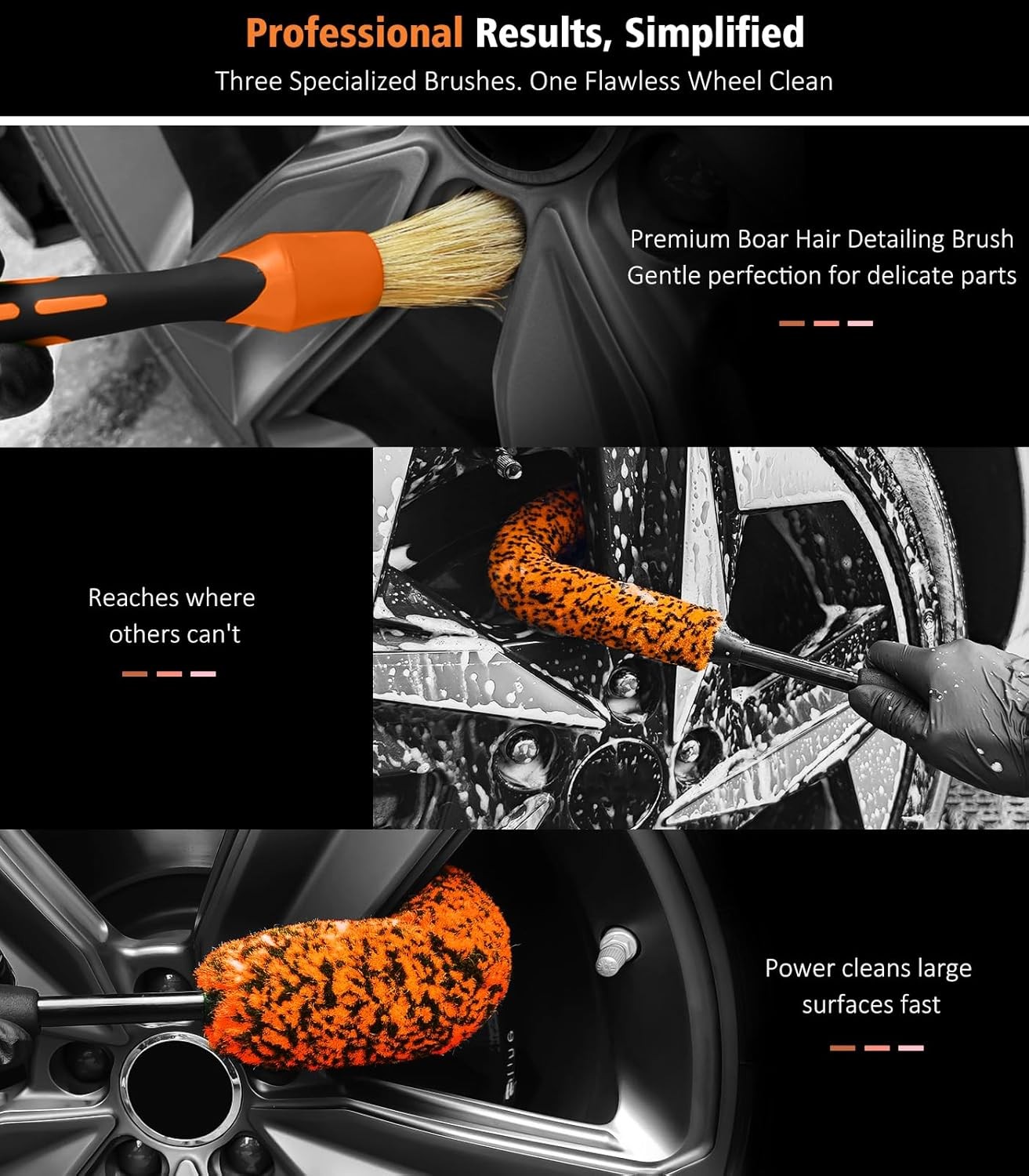 Car Wheel Brush Kit 3PCS Quick 360° Degree Rim Cleaner Brush Kit