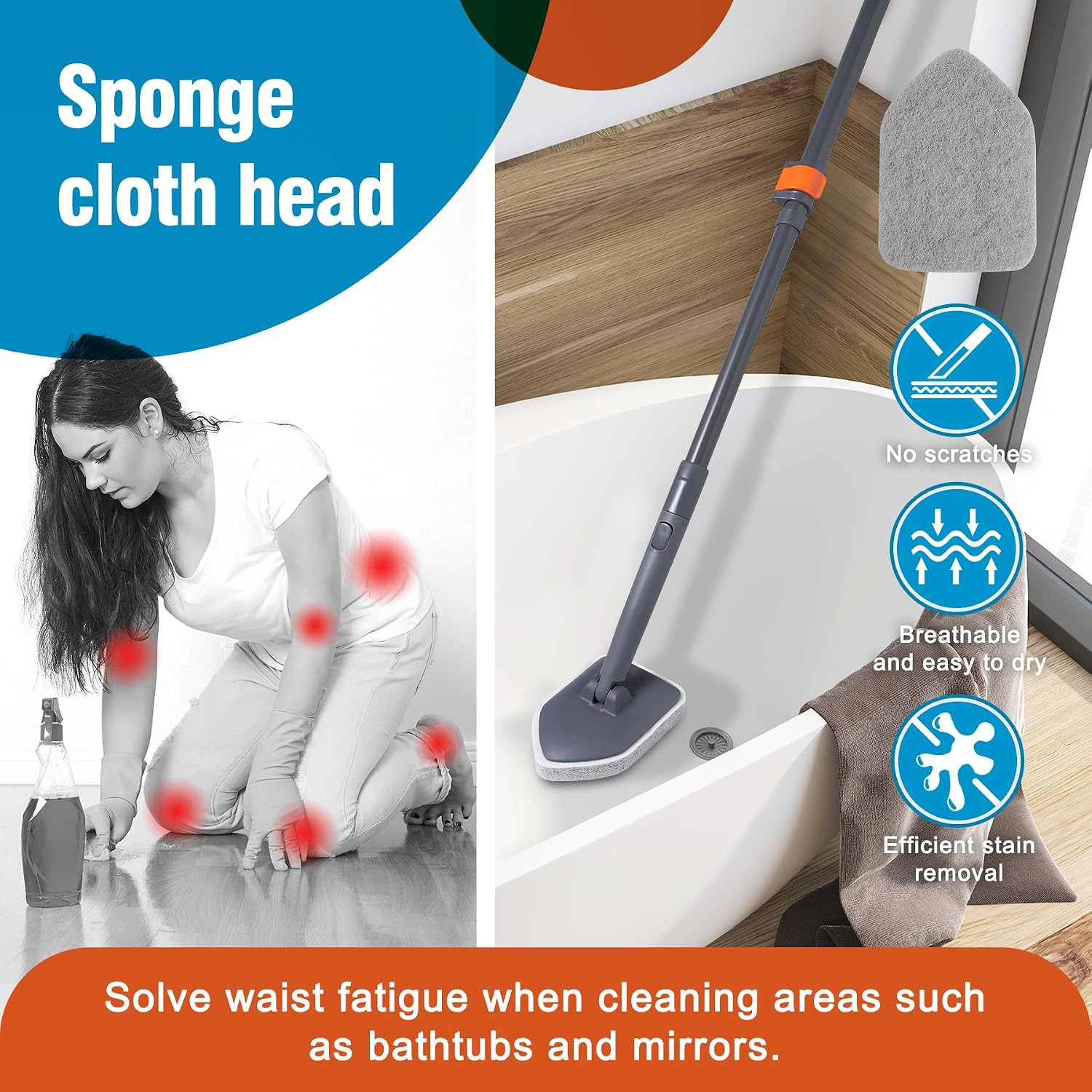 Tub Tile Scrubber Brush with 3 Different Function Cleaning Pads and 56″ Extendab