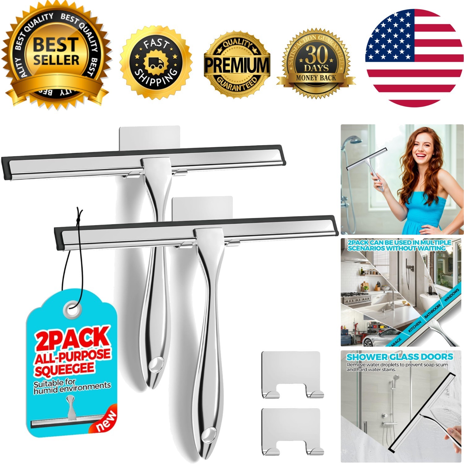 2PACK Shower Squeegee for Glass Doors, Squeegee for Shower Glass，All-Purpose …
