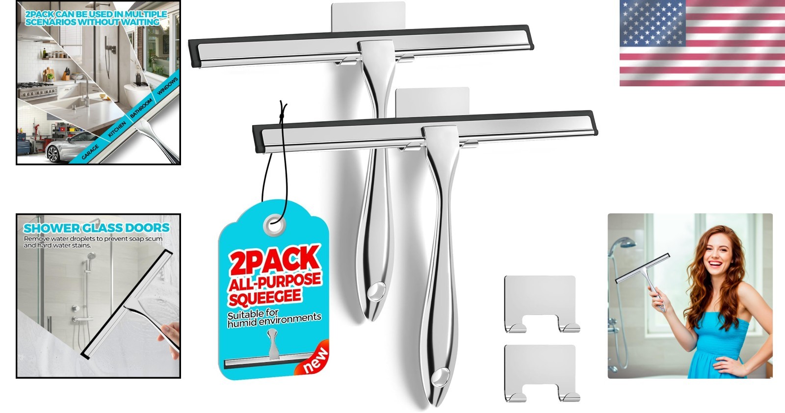 Durable Shower Squeegee with Adhesive Hooks – Ideal for Glass and Mirrors