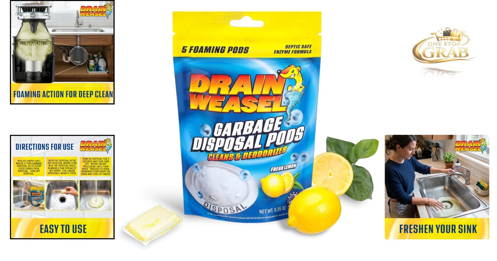 Garbage Disposal Pods Cleaner Deodorizer 5-Pack Lemon Scent Septic-Safe