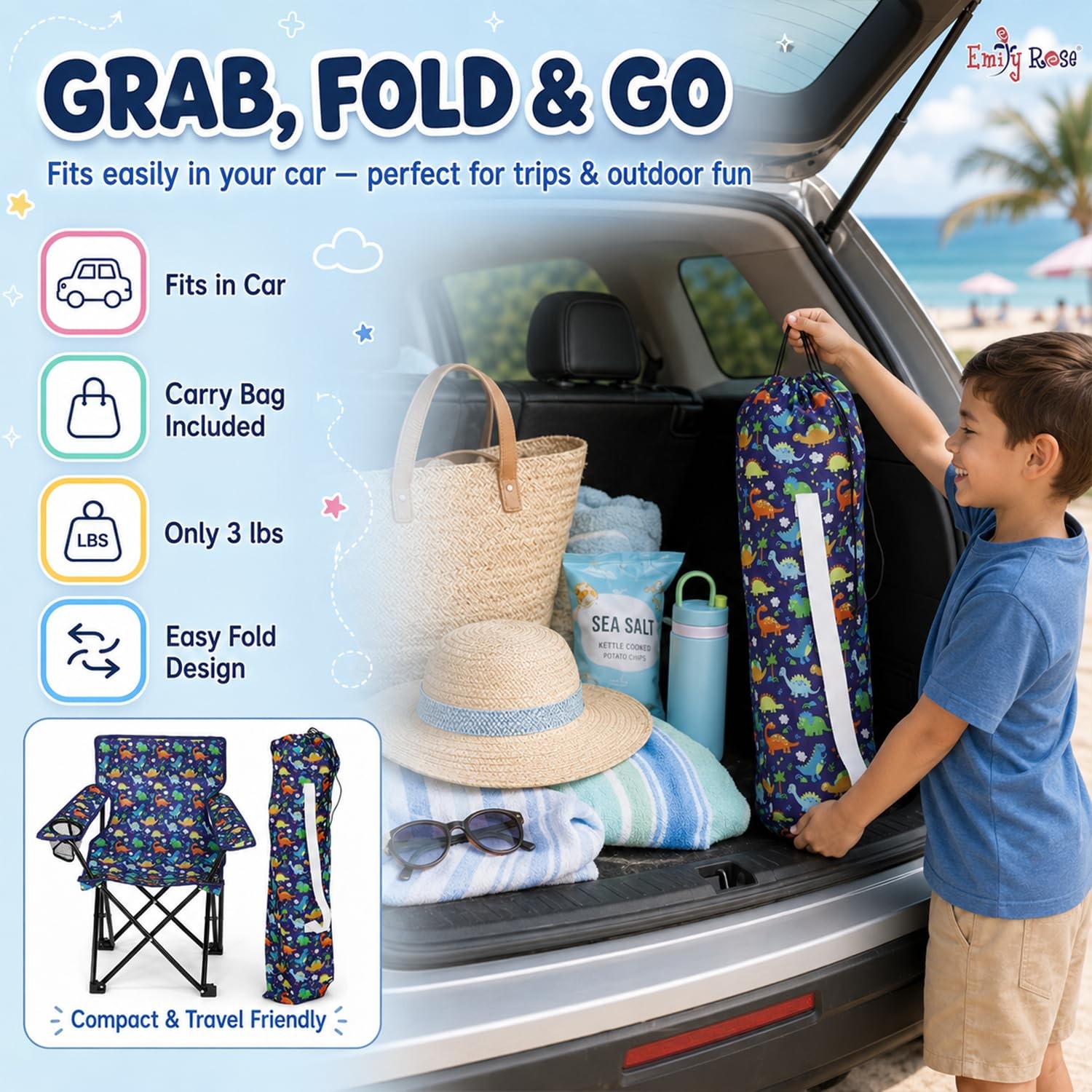 Playful Dinosaurs Kids Folding Camp Chair – Lightweight Portable Toddler Beac…