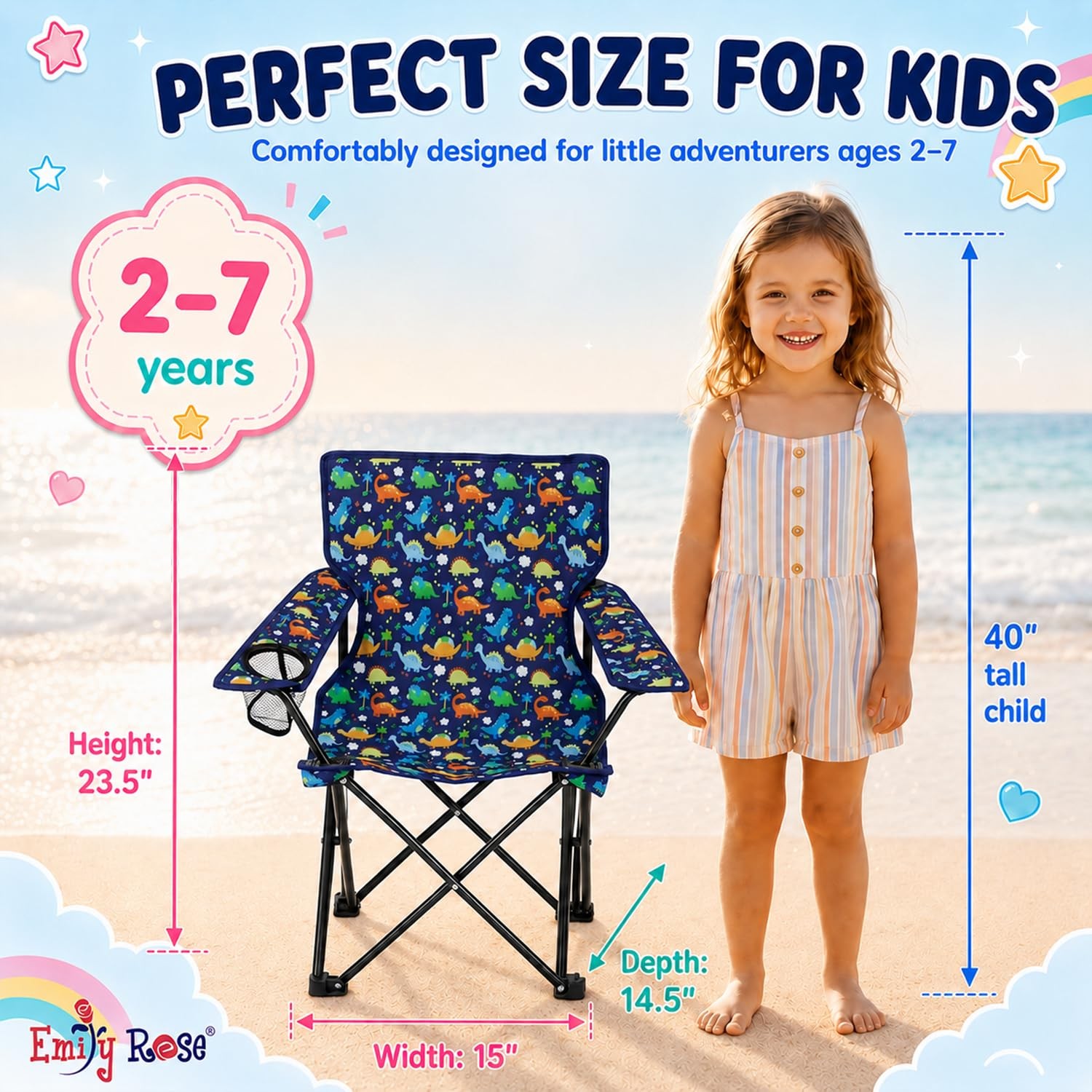 Playful Dinosaurs Kids Folding Camp Chair – Lightweight Portable Toddler Beac…
