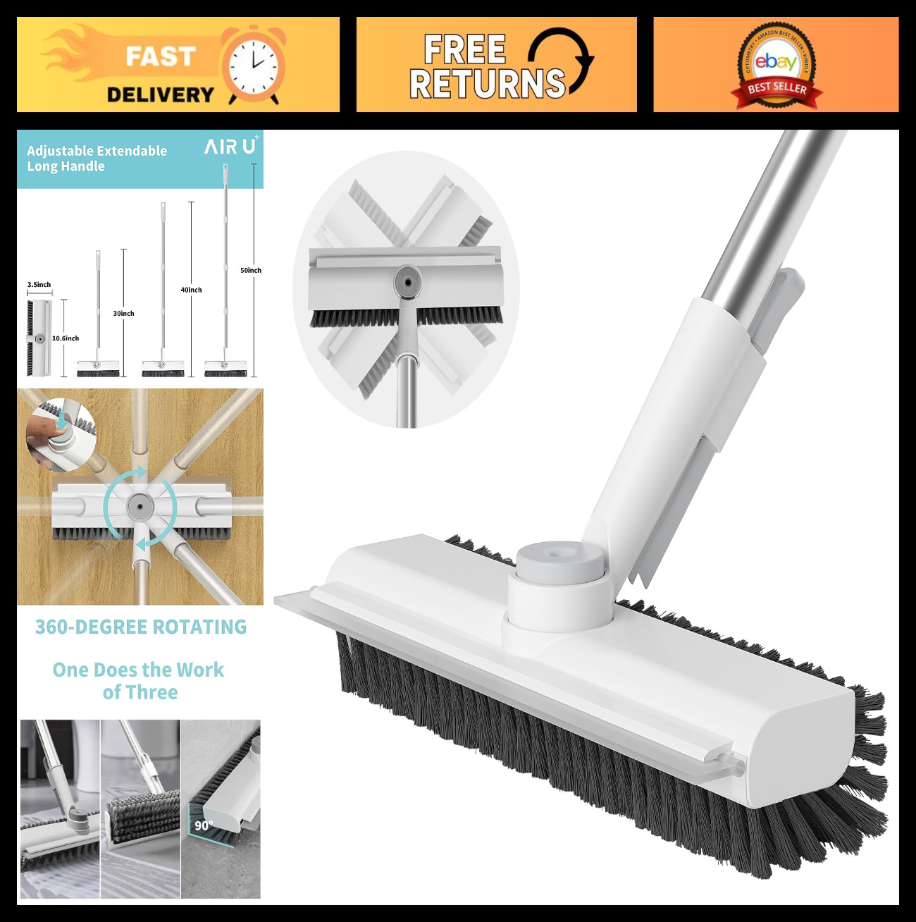 Heavy-Duty Floor Scrub Brush with Long Handle, 3-in-1 Stiff Bristle Cleaner for
