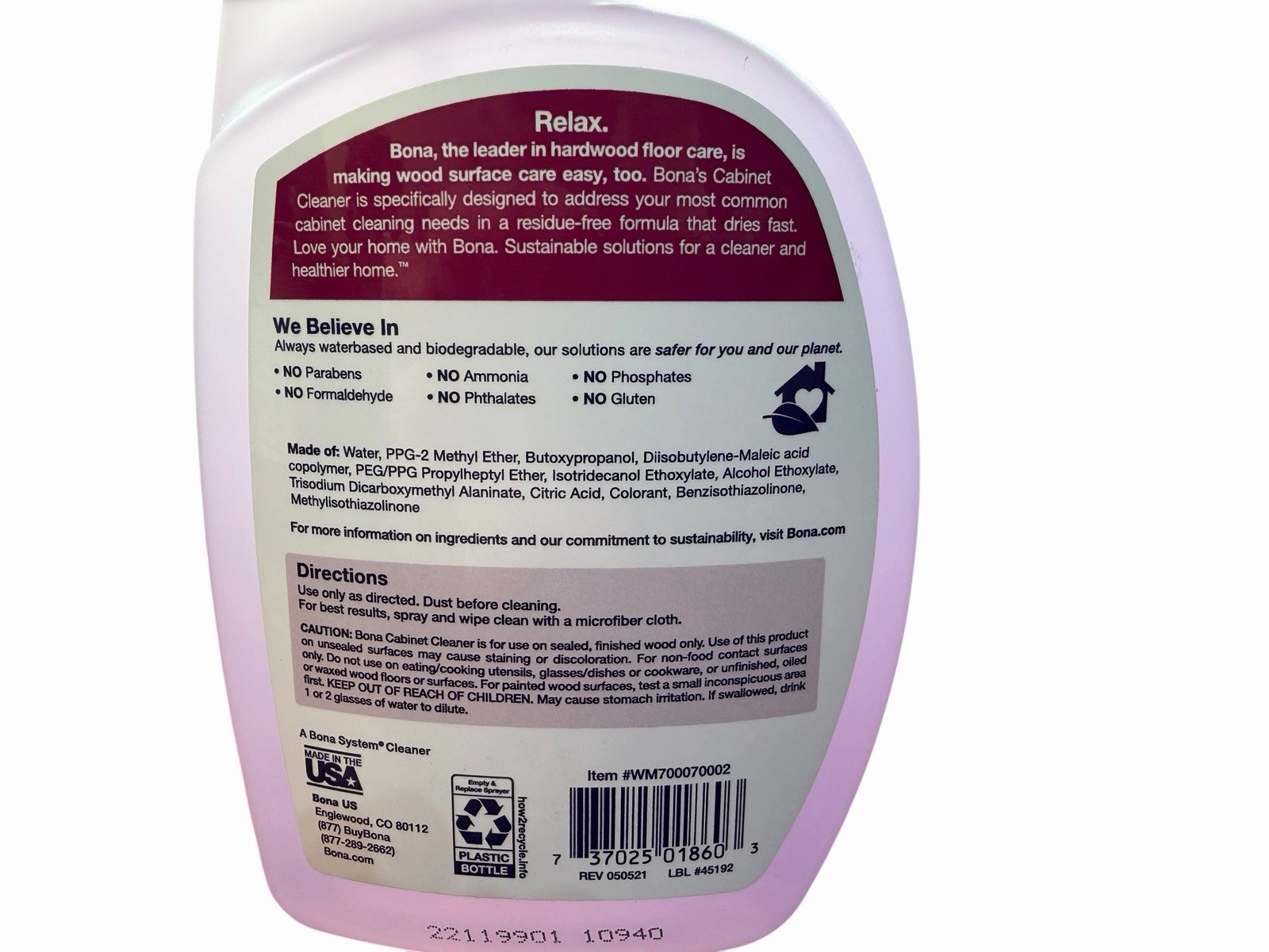 Bona Cabinet Cleaner NEW 32 Fl Oz Residue-Free Dries Fast Waterbased Solutions