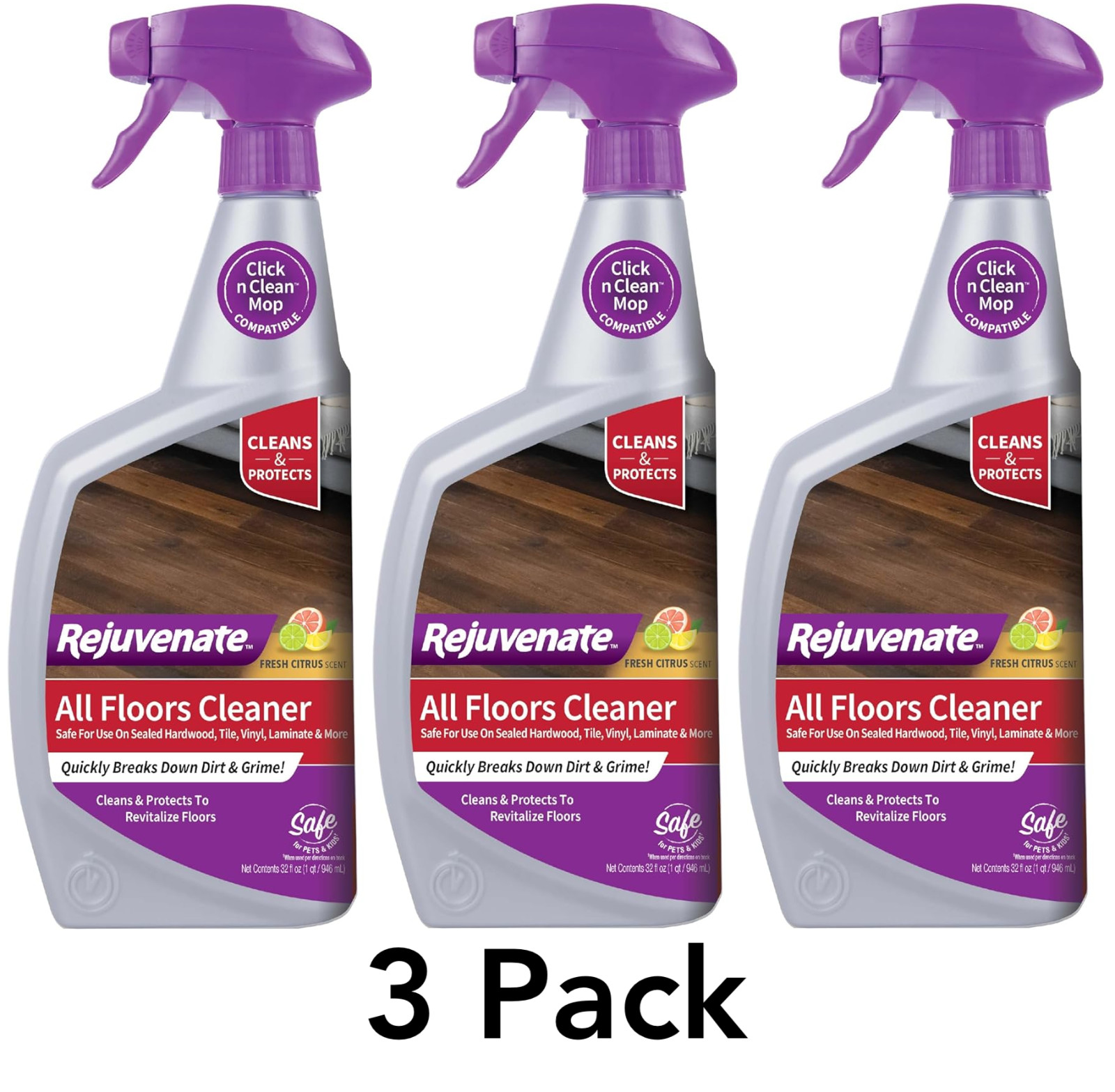 Rejuvenate All-Floors & Hardwood Cleaner 32oz No Bucket Needed – 3 Pack – Citrus