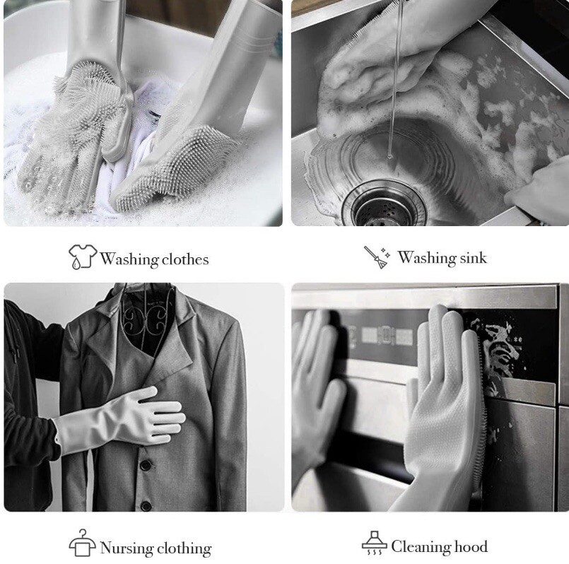 JWQ Dishwashing Silicone Scrubber Gloves with Bristles 2 Pairs