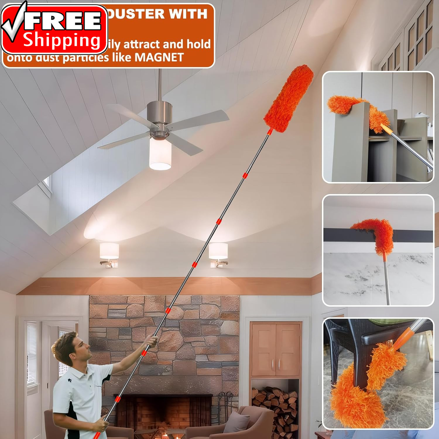 20 Feet High Reach Duster Kit with 2-14 Ft Extension Pole, Cobweb & Corner Brush