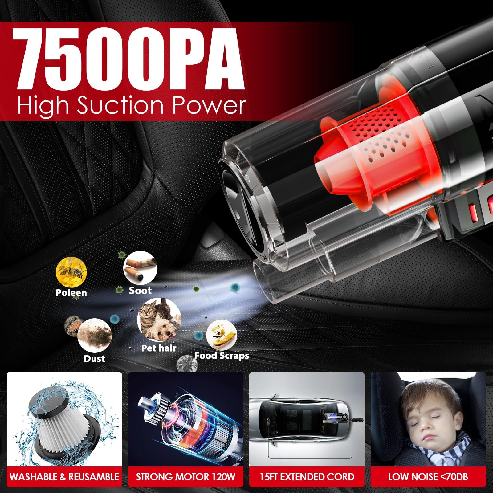 Red 17PC Car Detailing Kit: High-Power Vacuum, Interior Cleaner & Gift for Her