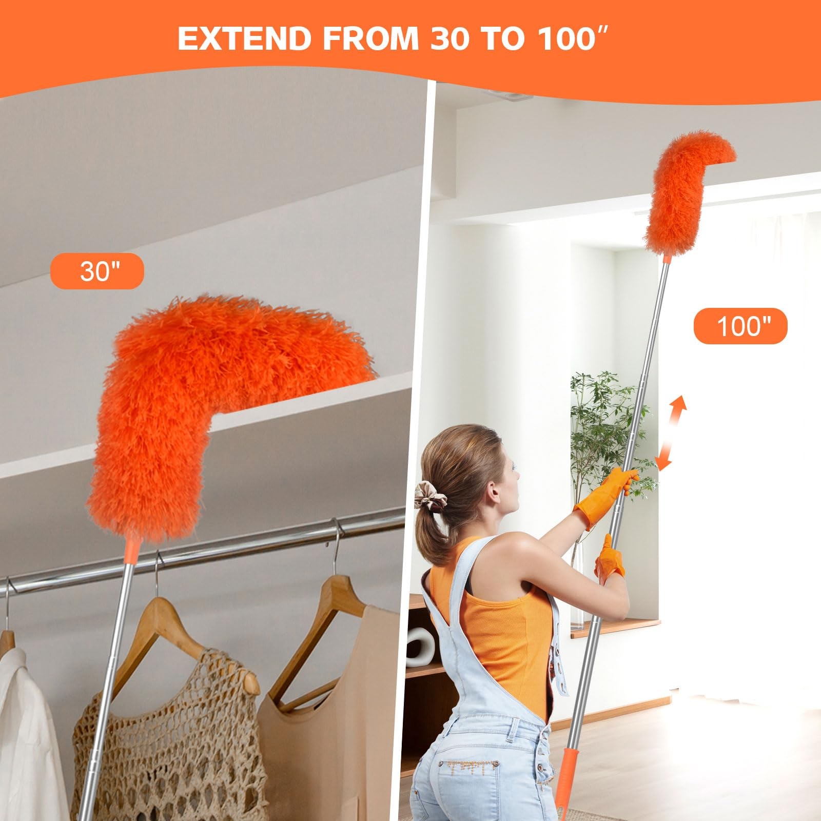 Microfiber Feather Duster Extendable 30-100in Telescoping Pole Flex Head Cleaner