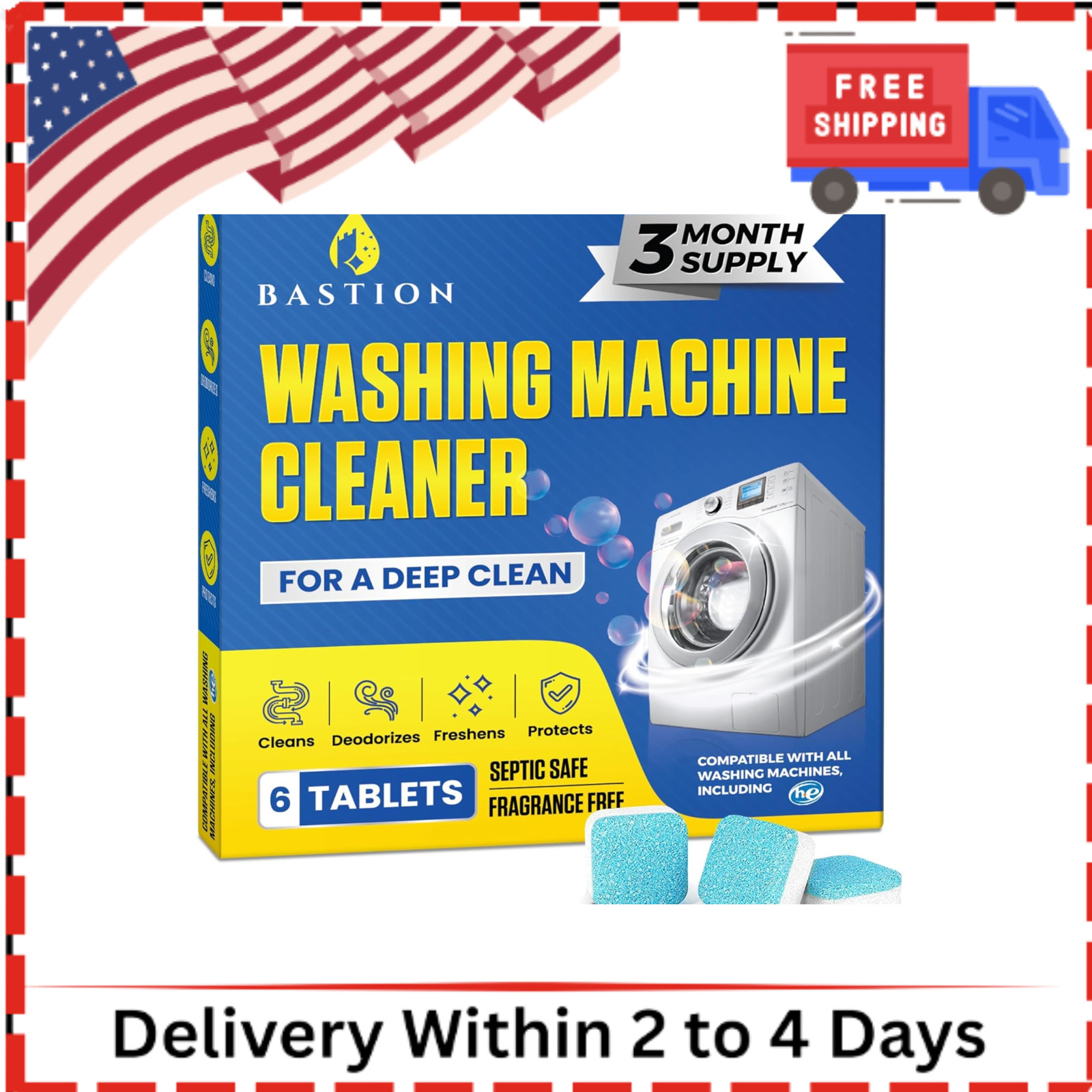 Bastion Washing Machine Cleaner, Deodorizer, & Descaler – 24 pack