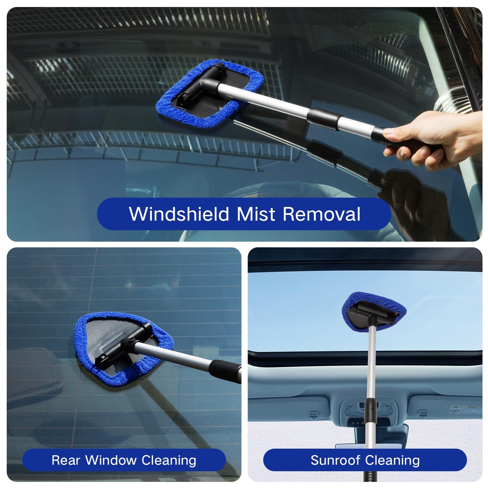 Windshield Cleaner Tool with 2 Reusable Microfiber Cloth, Extendable Long Handle